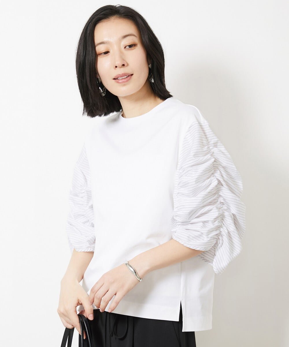 【SALE／50%OFF】MICHEL KLEIN（小さいサイズ） [小さいサイズ]ギャザースリーブカットソー メゾンドゥサンク トップス カットソー・Tシャツ ネイビー ホワイト【送料無料】