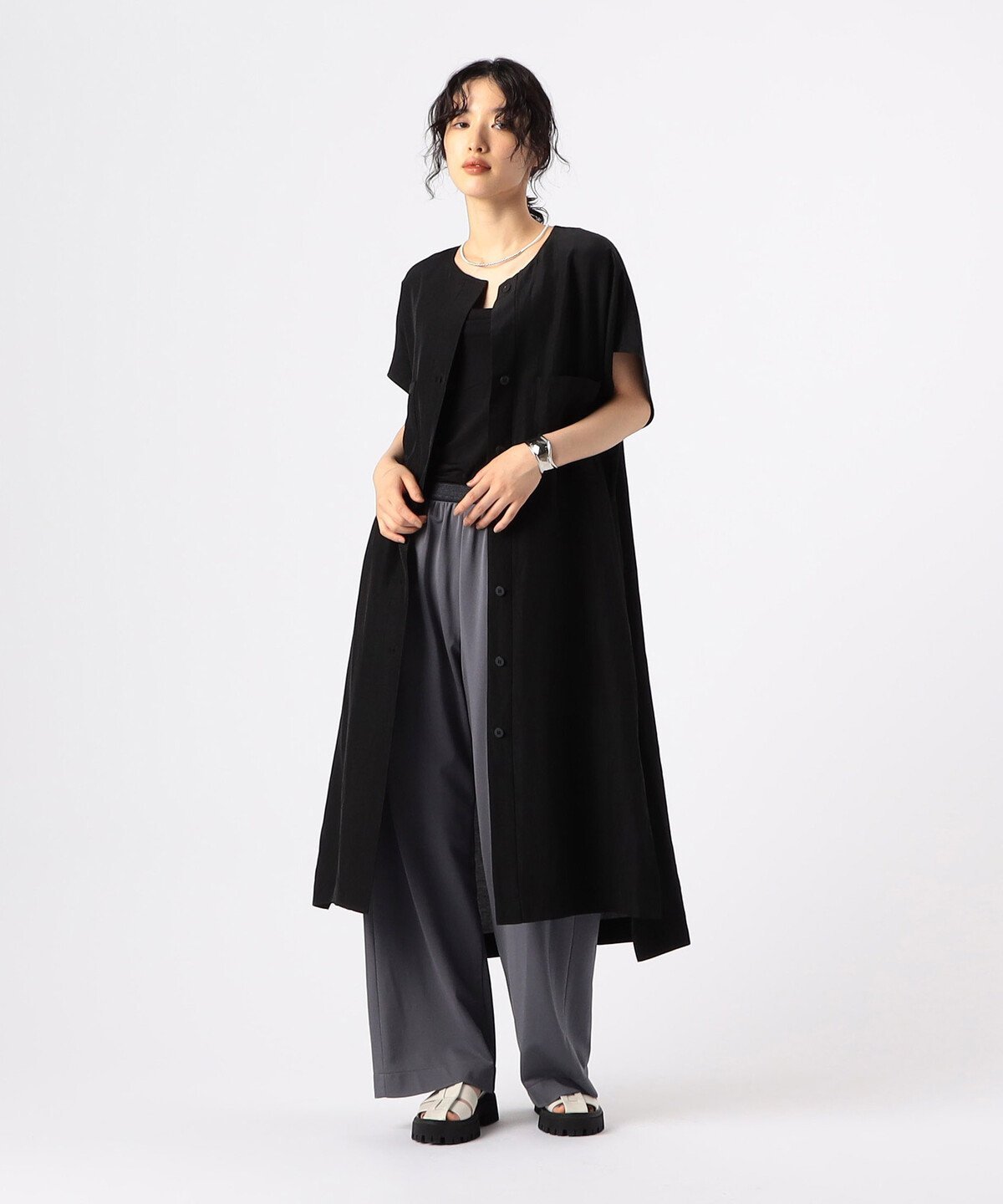 【SALE／30%OFF】Gabardine K.T + [ +サイズ ] アセテートリネンタッサー クルーネックロングシャツジレ コムサ トップス ベスト・ジレ ブラック ベージュ【送料無料】