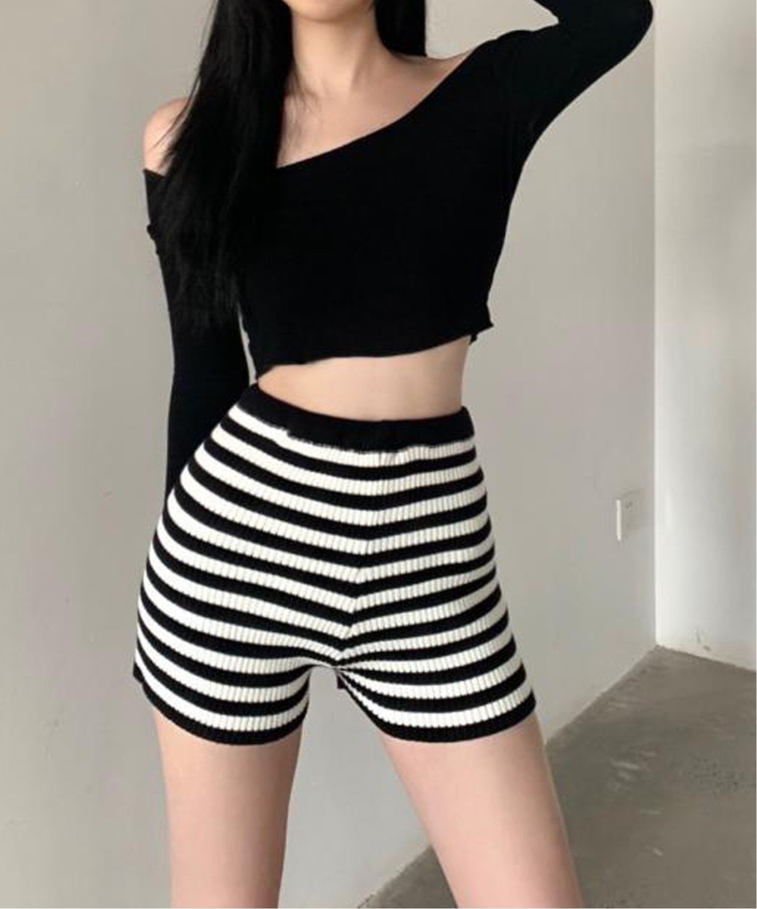 MEMECLE MEMECLE/(W)【 MEMECLE / メメクル 】ボーダーニットショートパンツ チェルカ パンツ その他のパンツ ブラウン ブラック グ...