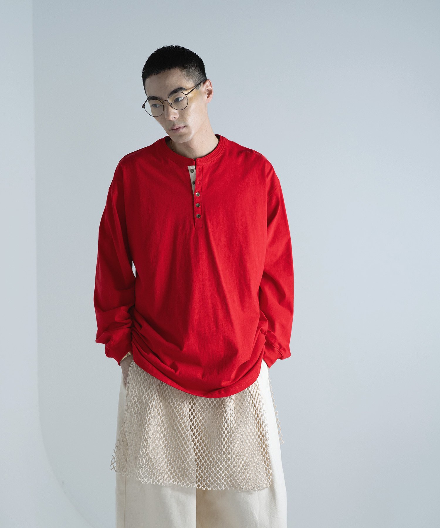 Aphlotus アプロタス ヘムラウンド ヘンリーネック LS カットソー アプロタス トップス カットソー・Tシャツ レッド グレー【送料無料】