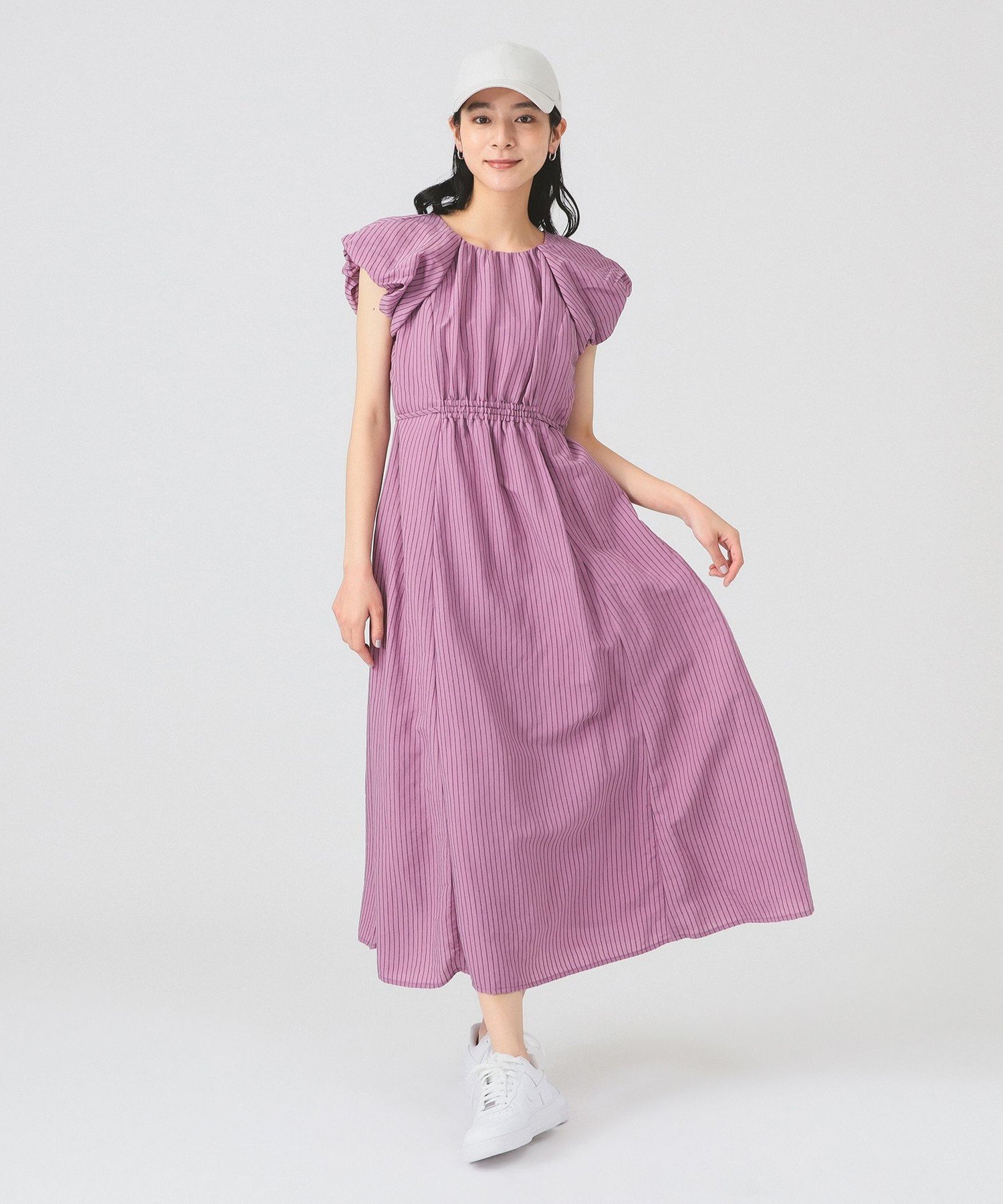 Ray BEAMS ストライプ フレンチパフ スリーブ ワンピース ビームス ウイメン ワンピース・ドレス その他のワンピース・ドレス ブラック パープル【送料無料】