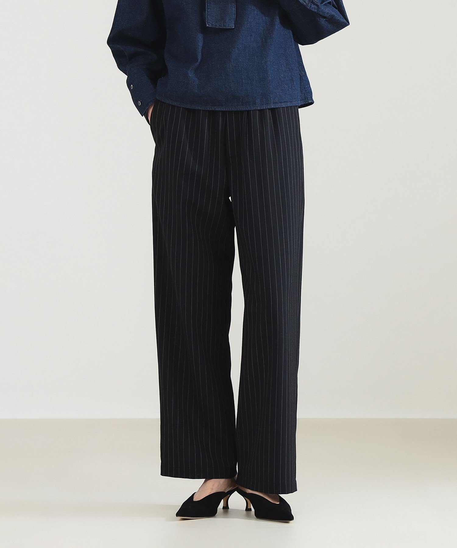 【SALE／50%OFF】Demi-Luxe BEAMS 【10/23新規値下げ】ポプリン ストライプ イージーパンツ デミルクス ビームス パンツ その他のパンツ ネイビー【送料無料】