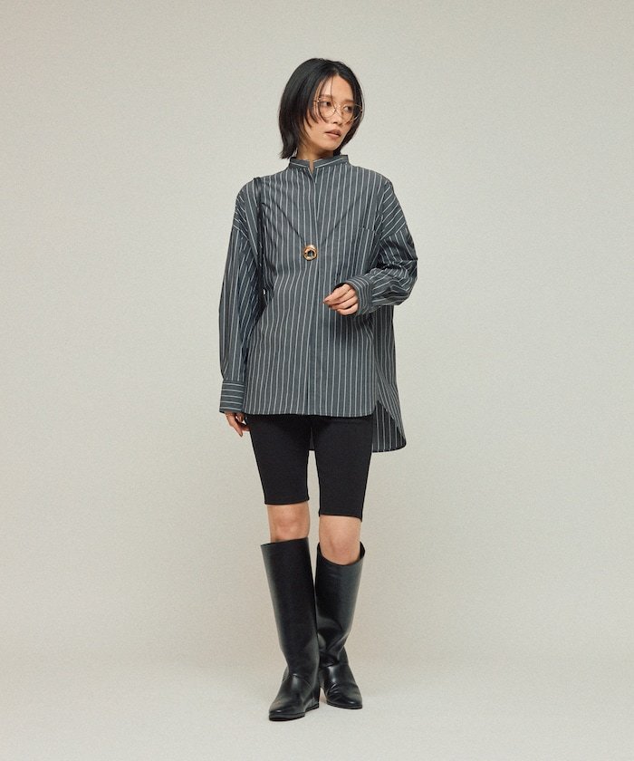 【SALE／65%OFF】Firsthand オーバーサイズ ロングスリーブ ブローチシャツ / バンドカラーシャツ 25AW フリークスストア トップス シャツ・ブラウス ブルー ホワイト【送料無料】