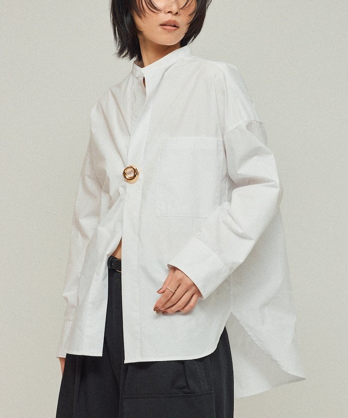 【SALE／65%OFF】Firsthand オーバーサイズ ロングスリーブ ブローチシャツ / バンドカラーシャツ 25AW フリークスストア トップス シャツ・ブラウス ブルー ホワイト【送料無料】