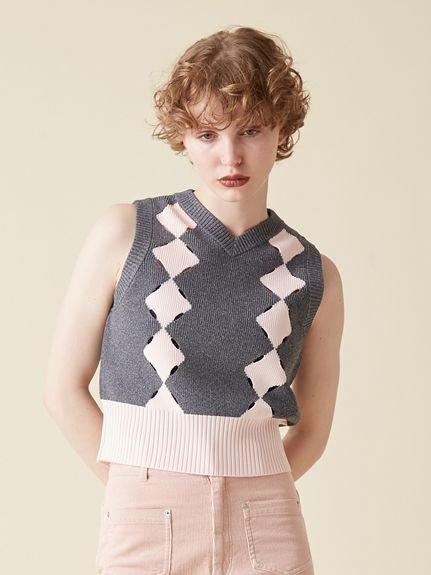 FURFUR スリットアーガイルベスト ファーファー トップス ニット ブラック【送料無料】のサムネイル