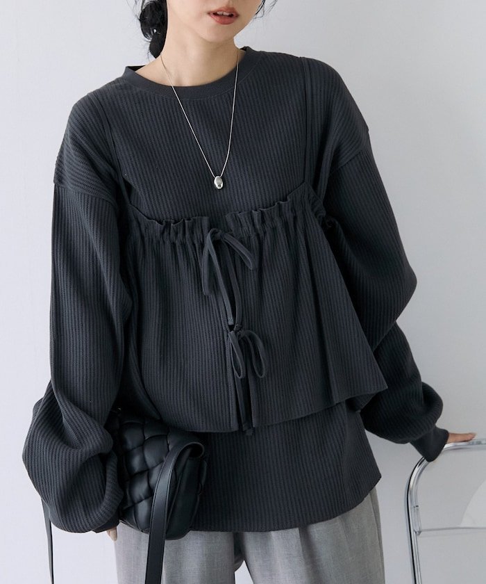 【SALE／60%OFF】FREAK'S STORE 【セットアイテム】ワッフル ロンT ビスチェセット 25AW フリークスストア トップス カットソー・Tシャツ ピンク ブラウン グレー ホワイト