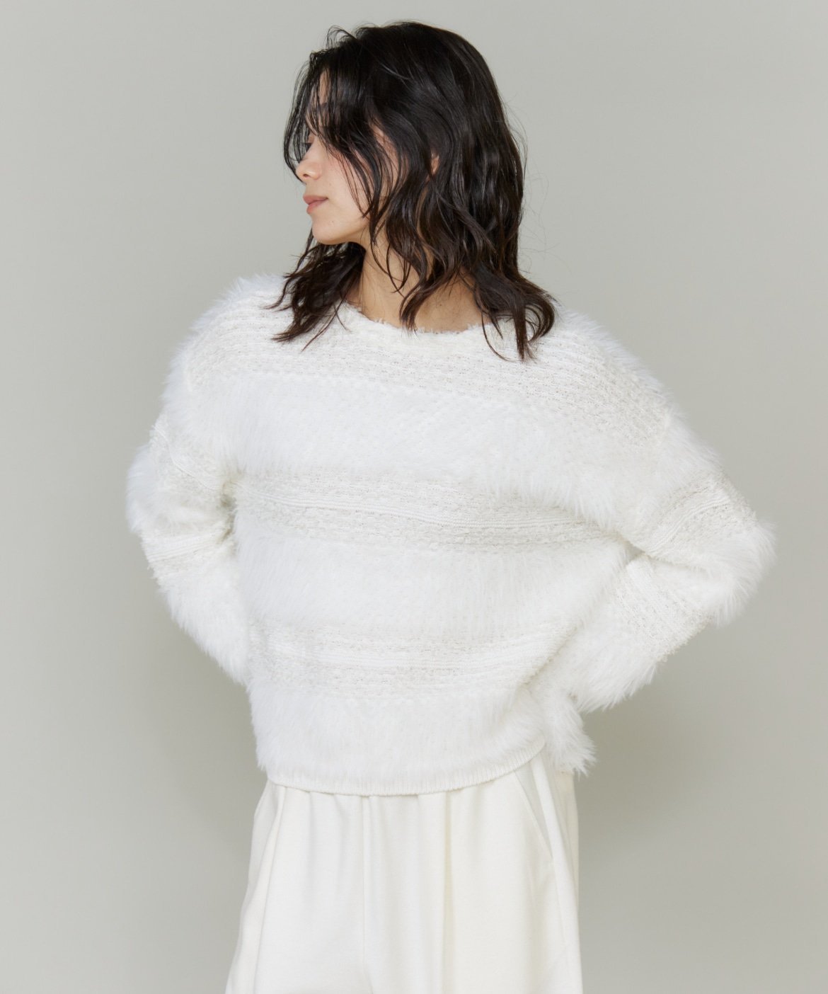 【SALE／30%OFF】INED フェザーヤーンプルオーバー イネド トップス ニット ブラック ホワイト【送料無料】