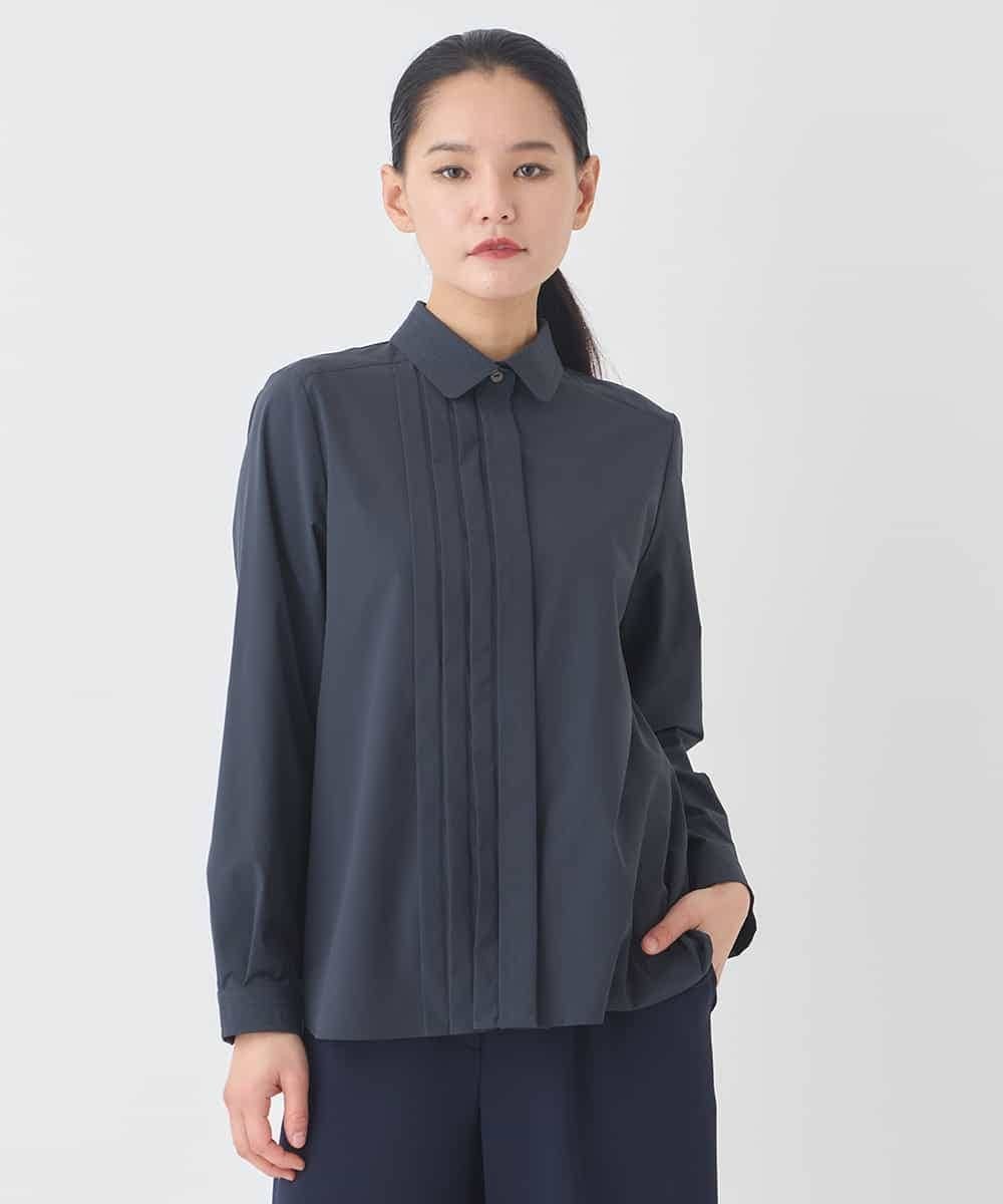 HIROKO BIS（小さいサイズ） 【小さいサイズ】タックデザインタイプライターシャツ メゾンドゥサンク トップス シャツ・ブラウス ネイビー ホワイト
