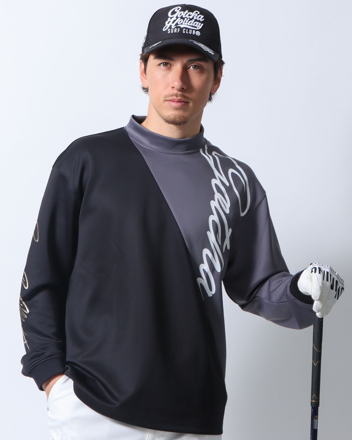 GOTCHA GOTCHA GOLF (ガッチャゴルフ) ドライ UVカット バイアス切替 ハイネック ロンT ガッチャ トップス カットソー・Tシャツ ブラック ホワイト レッド【送料無料】