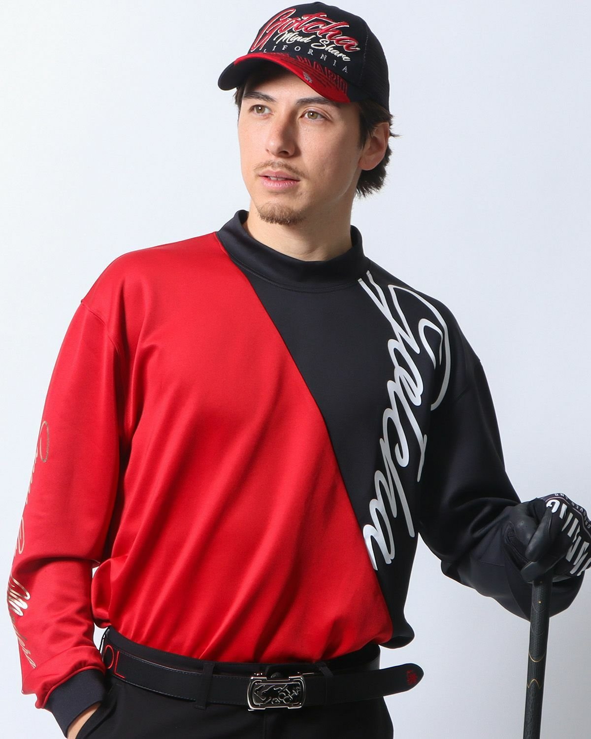 GOTCHA GOTCHA GOLF (ガッチャゴルフ) ドライ UVカット バイアス切替 ハイネック ロンT ガッチャ トップス カットソー・Tシャツ ブラック ホワイト レッド【送料無料】