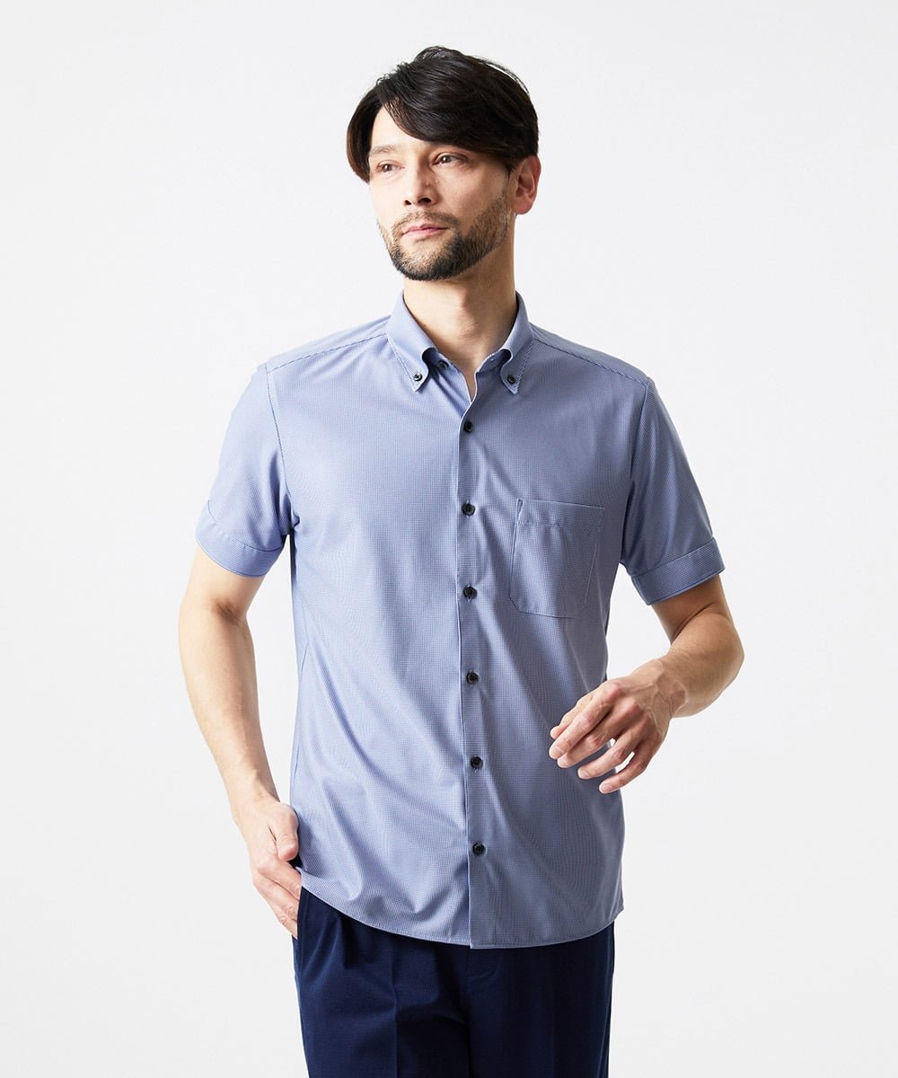 MICHEL KLEIN HOMME 《日本製》ボタンダウン 柄半袖シャツ ミッシェルクランオム トップス シャツ・ブラウス ブルー