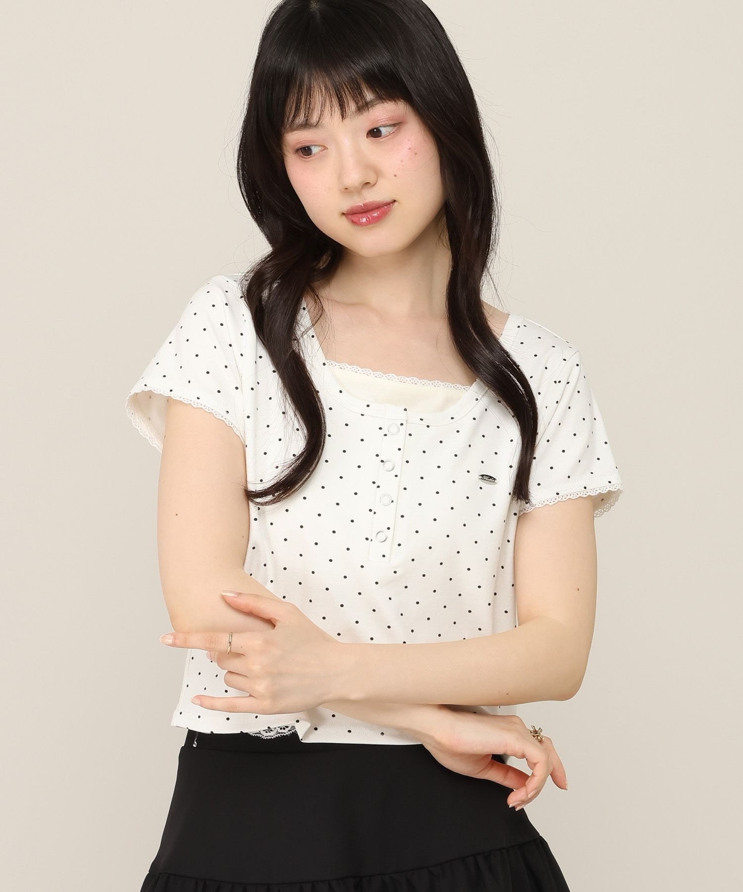 Heather バイカラーヘンリーネックTEE ヘザー トップス カットソー・Tシャツ ホワイト ブルー グレー