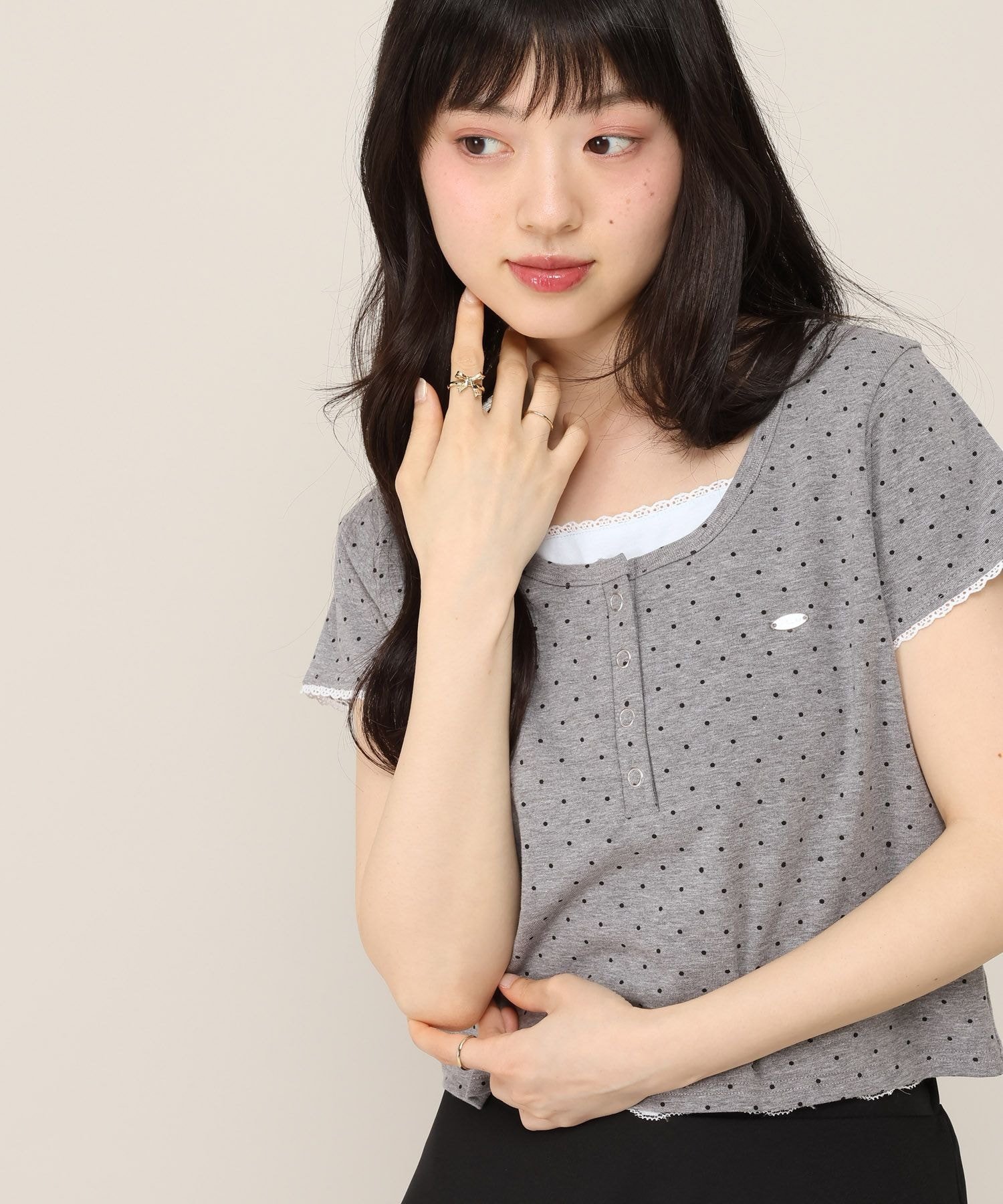 Heather バイカラーヘンリーネックTEE ヘザー トップス カットソー・Tシャツ ホワイト ブルー グレー