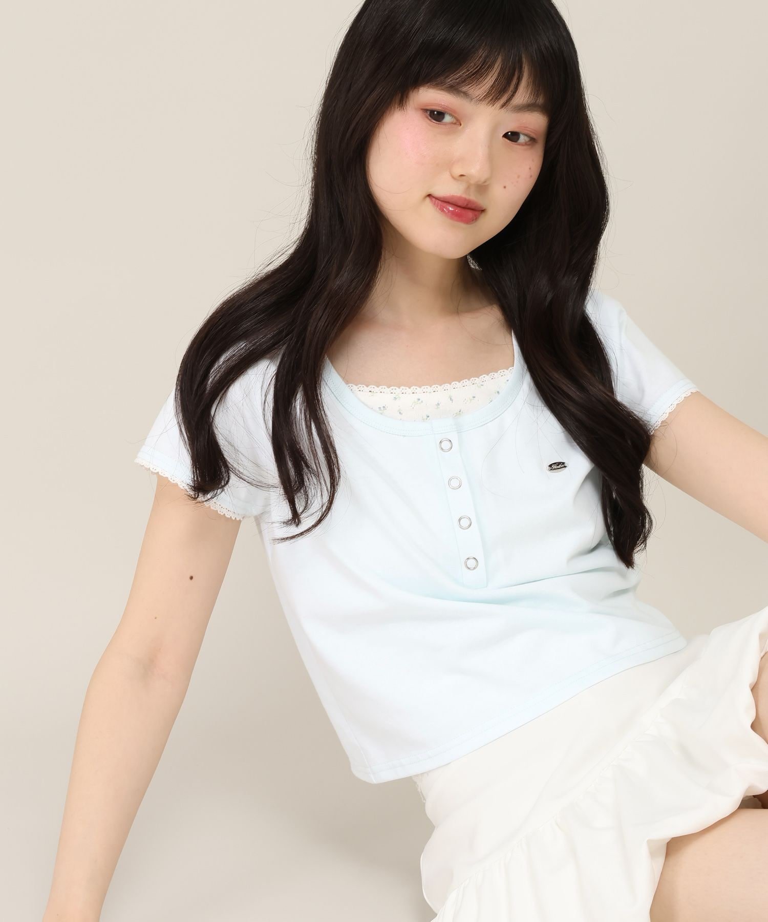 Heather バイカラーヘンリーネックTEE ヘザー トップス カットソー・Tシャツ ホワイト ブルー グレー