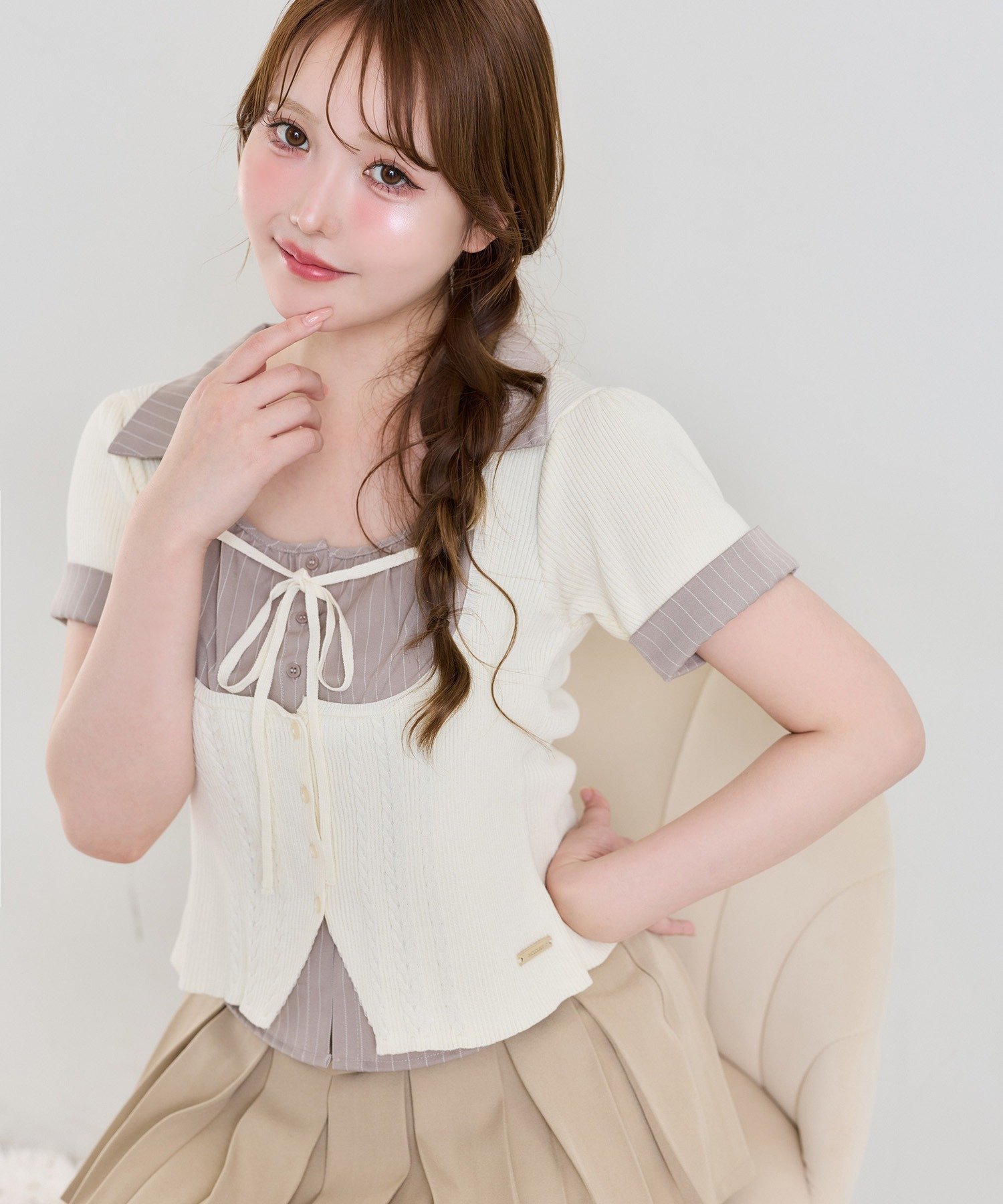 one after another NICE CLAUP 【ウォッシャブル】シャツドッキングケーブルニット ワンアフターアナザー ナイスクラップ トップス ニット ピンク ブラック グレー ブラウン ホワイト