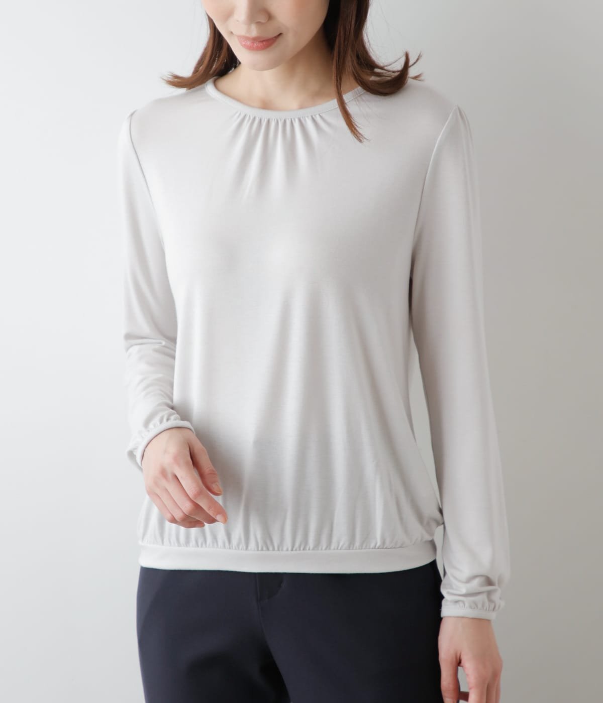 NEWYORKER WOMEN L-SIZE 【L】ラグウォーム ギャザークルーネックカットソー ニューヨーカー エルサイズ トップス カットソー・Tシャツ グレー ホワイト