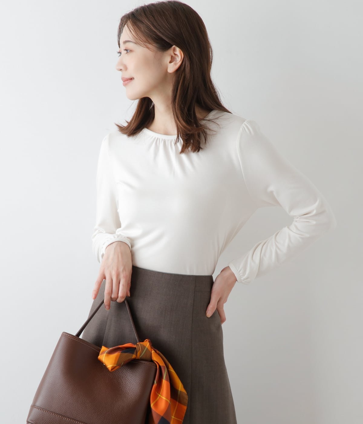 NEWYORKER WOMEN L-SIZE 【L】ラグウォーム ギャザークルーネックカットソー ニューヨーカー エルサイズ トップス カットソー・Tシャツ グレー ホワイト