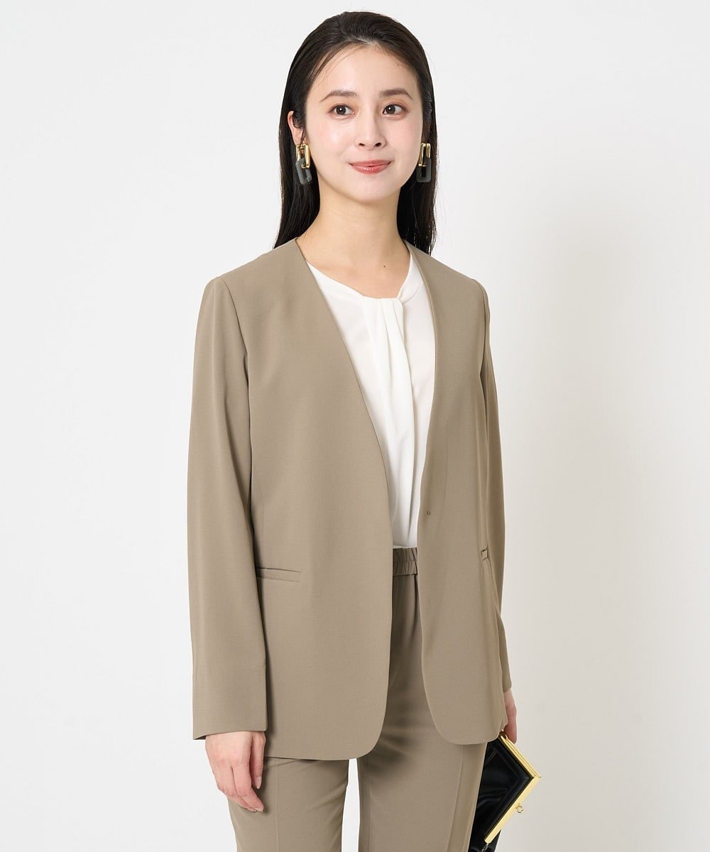 MICHEL KLEIN（小さいサイズ） [小さいサイズ]ノーカラージャケット(接触冷感/セットアップ対応) メゾンドゥサンク ジャケット・アウター ノーカラージャケット カーキグリーン ブラック