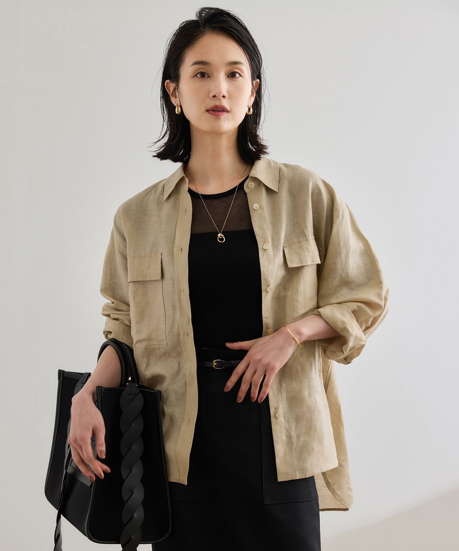 【SALE／50%OFF】ROPE' ブライトリネン フラップシャツブラウス/洗える ロペ トップス シャツ・ブラウ..