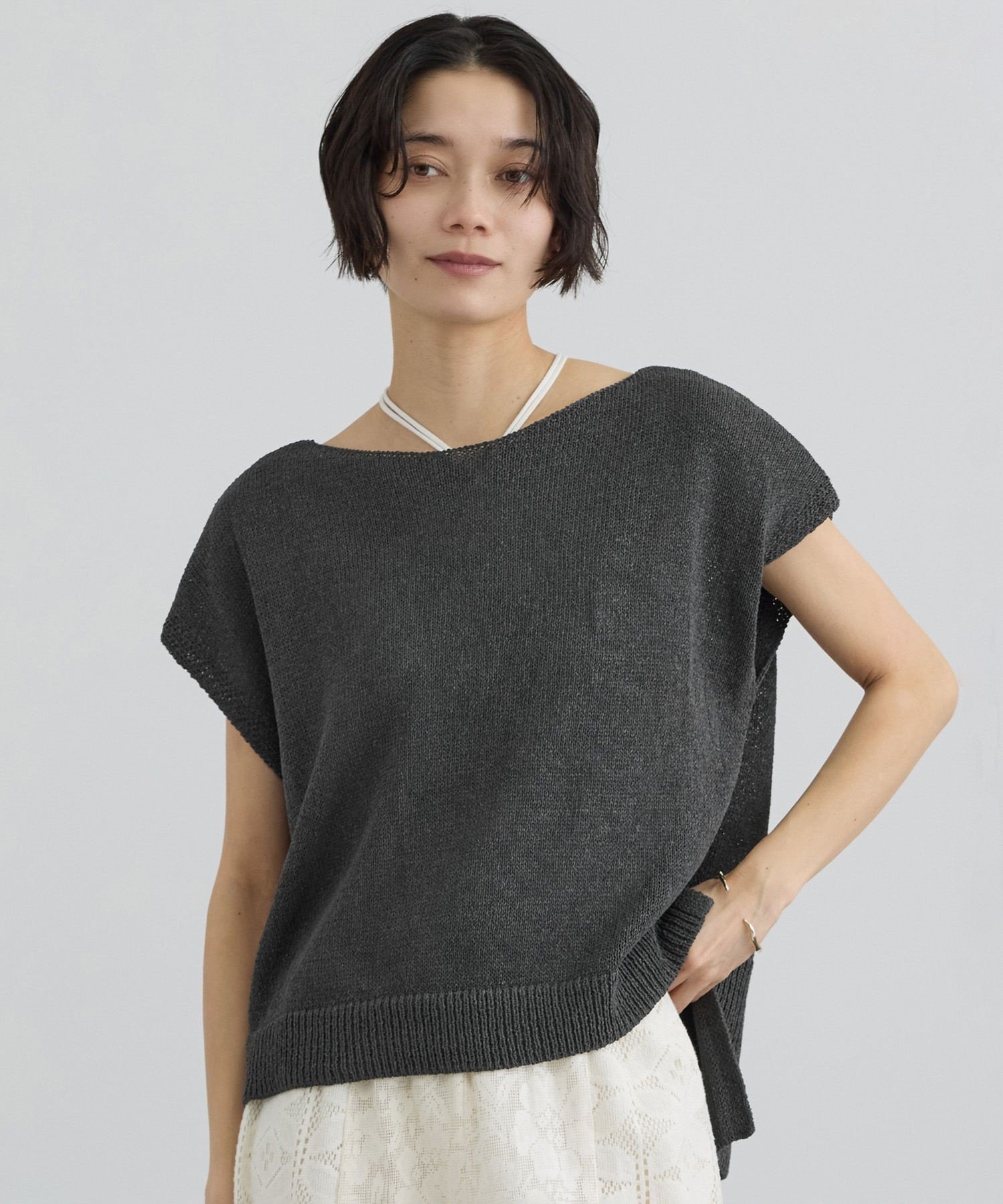 SALON adam et rope' ペーパーヤーンフレンチスリーブプルオーバー[手洗い可/和紙素材] サロン アダム エ ロペ トップス カットソー・Tシャツ ベージュ グレー