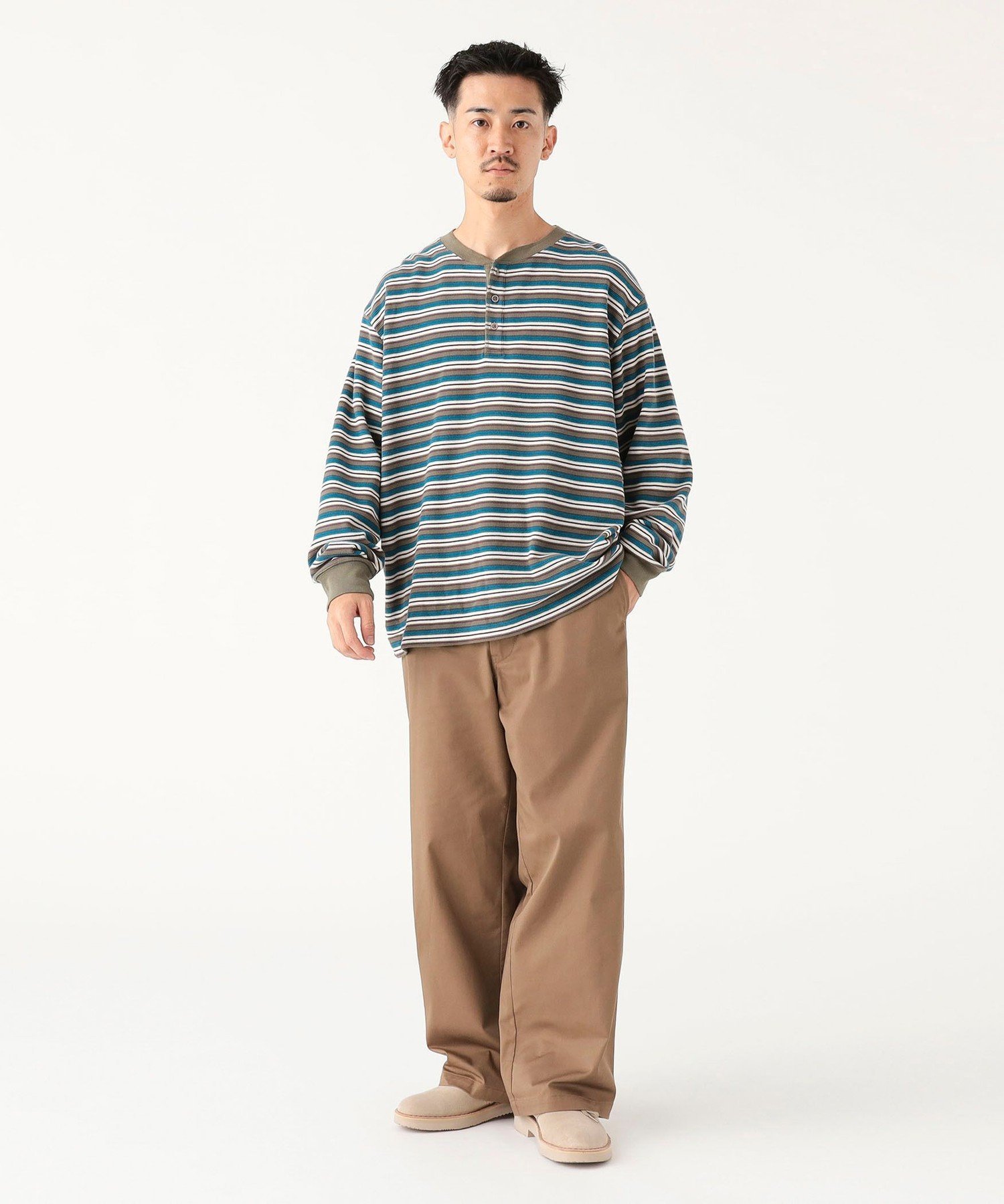 【SALE／60%OFF】B:MING by BEAMS ワッフル ボーダー ヘンリーネック ロングスリーブ カットソー メンズ 長袖 コットン100% セール 春まで着られる ビーミング ライフストア バイ ビームス トップス カットソー・Tシャツ グリーン ネイビー