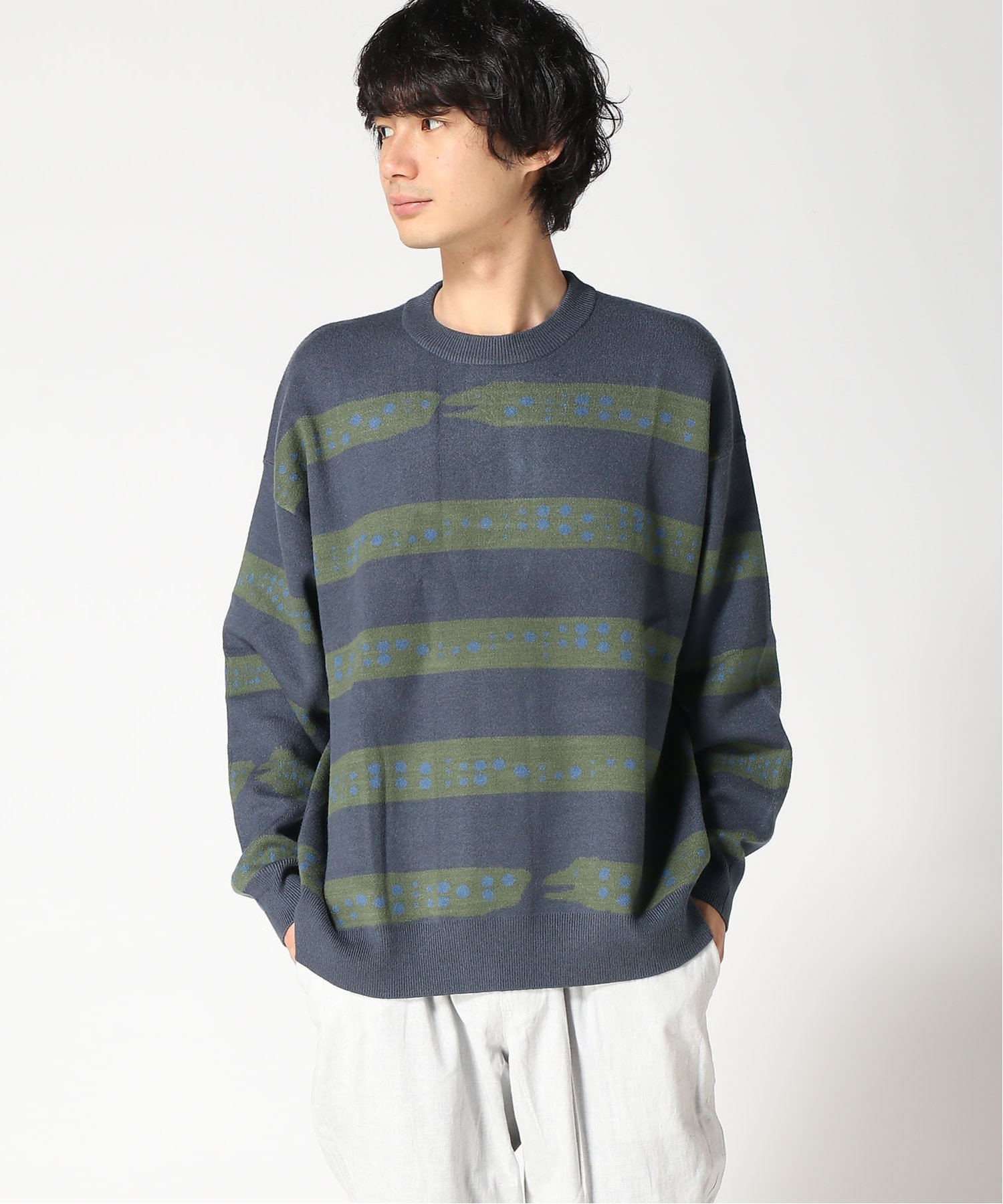 gym master gym master/(U)ジャガードニット ウツボーダー クルーネック ジムマスター トップス ニット グレー ブルー ブラウン【送料無料】