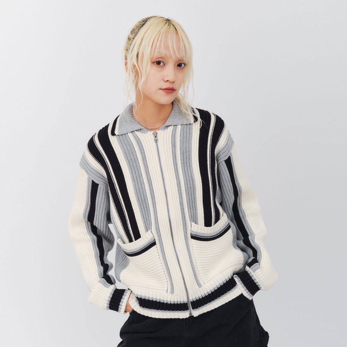 atmos pink atmos pink Stripe Knit Cardigan GRAY アトモス トップス ニット グレー【送料無料】