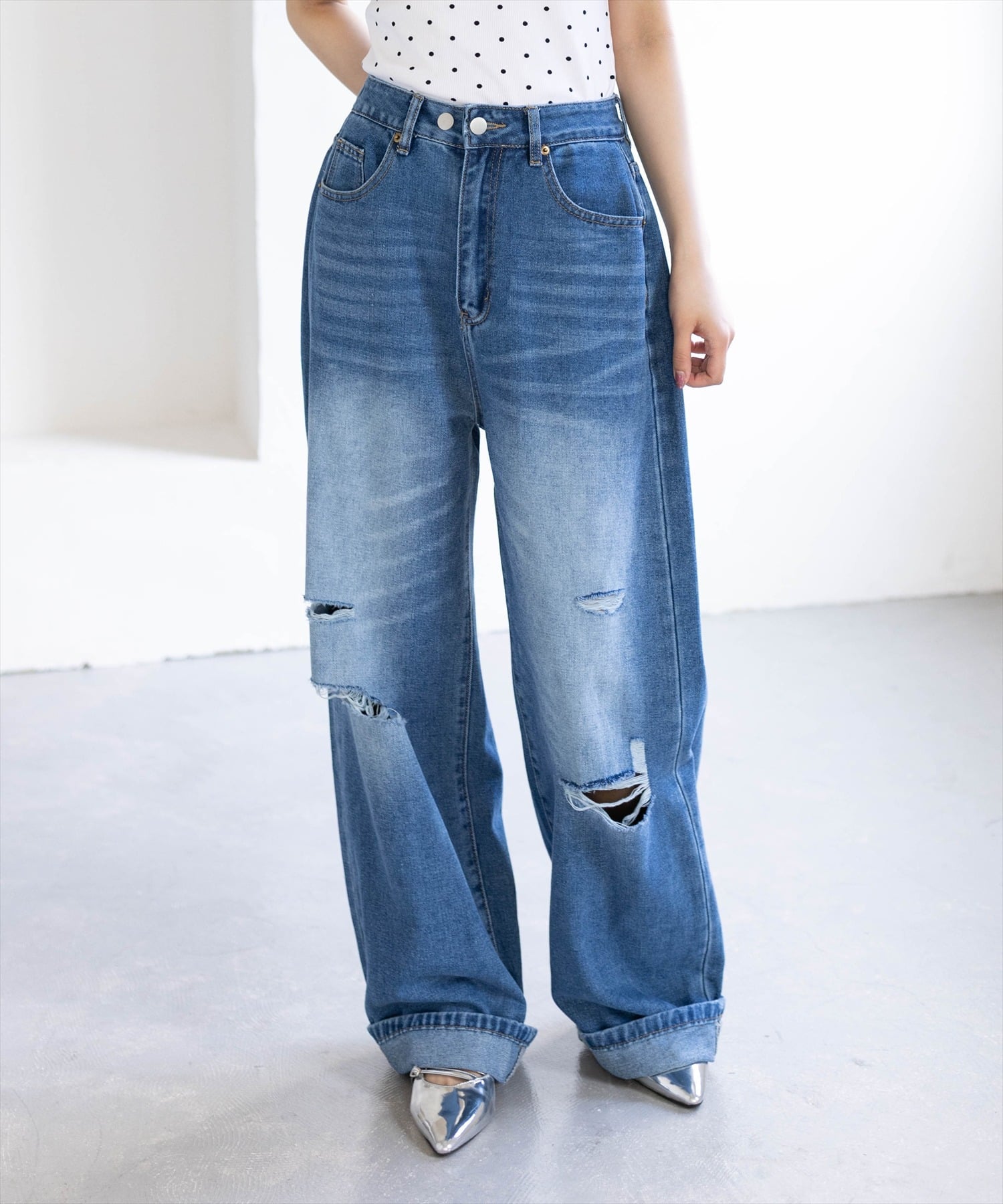 【低身長対応／サイズ展開あり】ダメージワイドデニムパンツ クリア パンツ ジーンズ・デニムパンツ ブルー