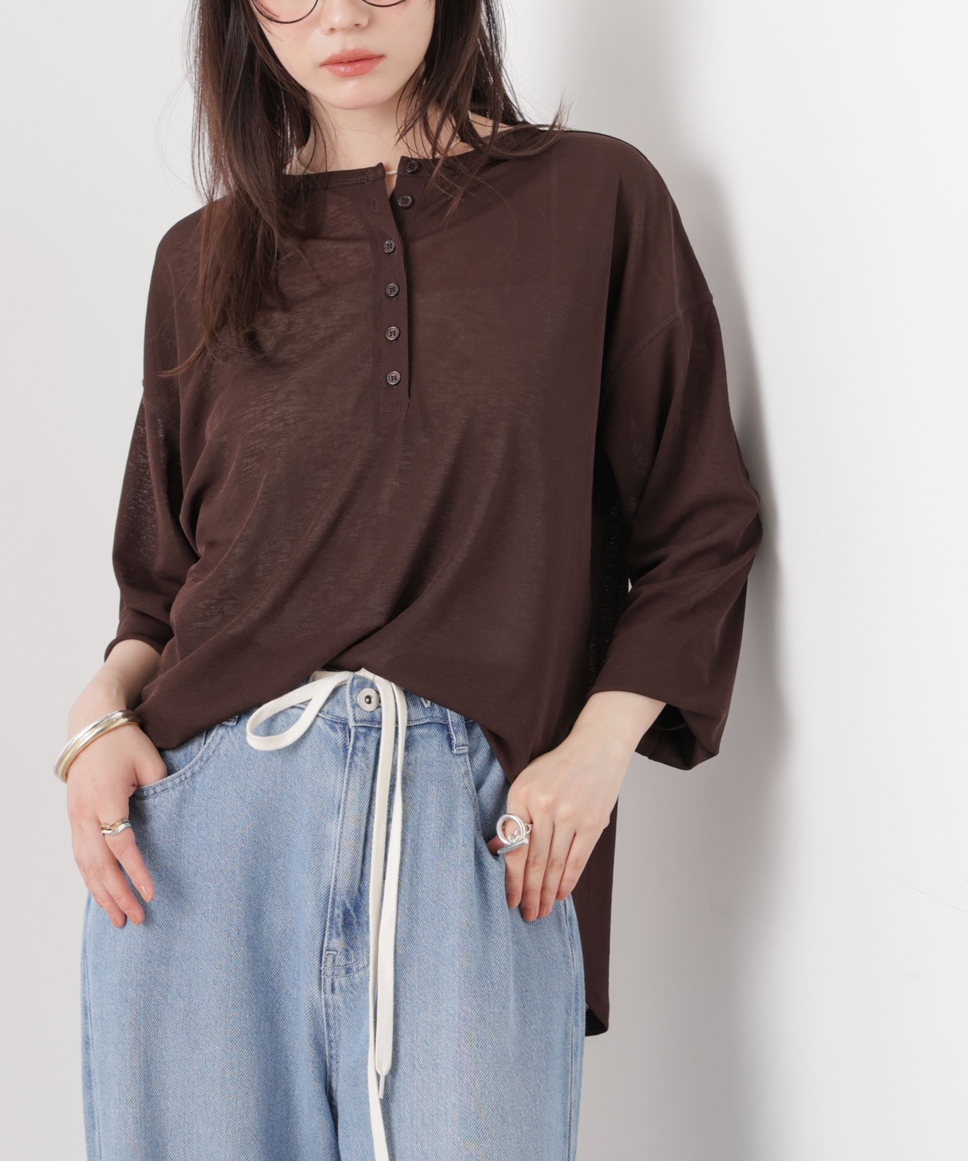 NANO universe 速乾機能付ヘンリーネックシアーカットトップス ナノユニバース トップス カットソー・Tシャツ ホワイト ブラウン ブラック stylife-15715068 Rakuten Fashion サンプル画像3