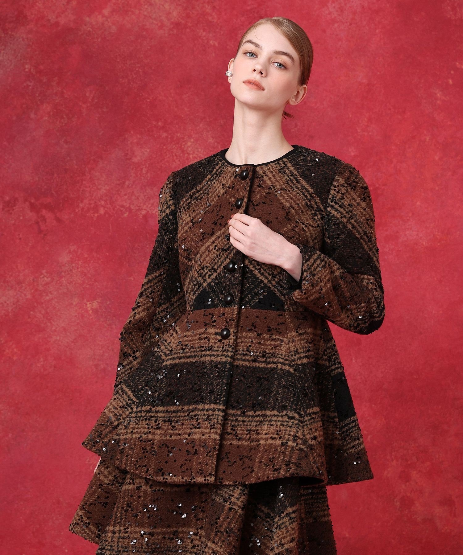 LOULOU WILLOUGHBY スパンコールチェックコート アルアバイル ジャケット・アウター その他のジャケット・アウター ブラウン