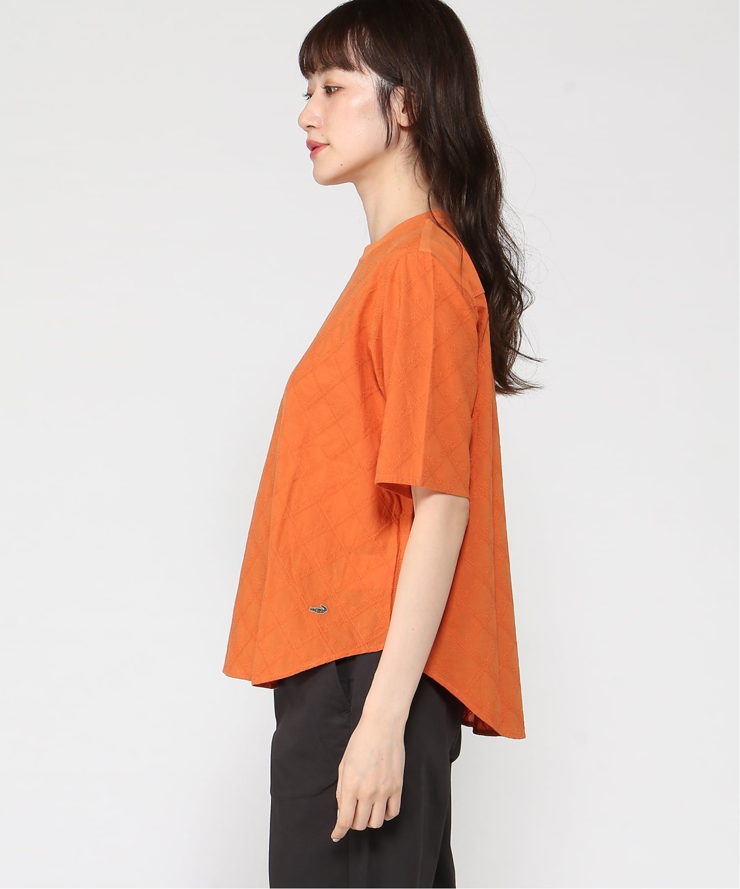 (W)レース ドッキング カットソー クロコダイル トップス カットソー・Tシャツ オレンジ ネイビー