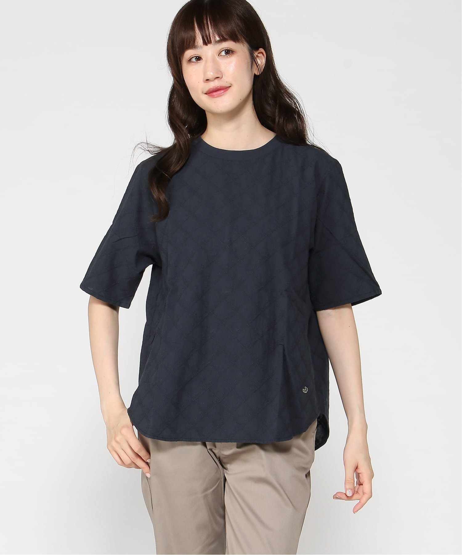 (W)レース ドッキング カットソー クロコダイル トップス カットソー・Tシャツ オレンジ ネイビー
