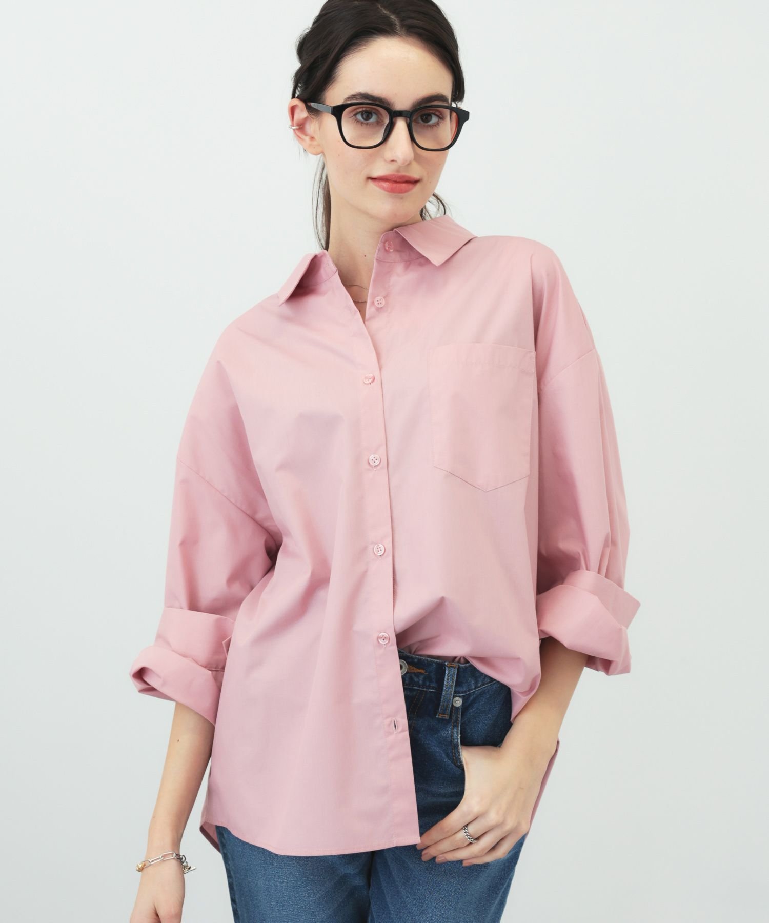 SALOON バックボタンデザインシャツ サルーン トップス シャツ・ブラウス ピンク ホワイト グリーン