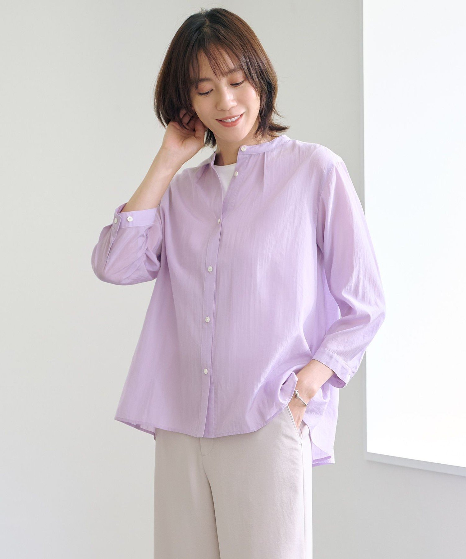 J.PRESS LADIES L 【洗える・速乾・接触冷感】リライムライトローン バックフレア ブラウス ジェイプレス トップス シャツ・ブラウス グレー パープル ベージュ ブラウン