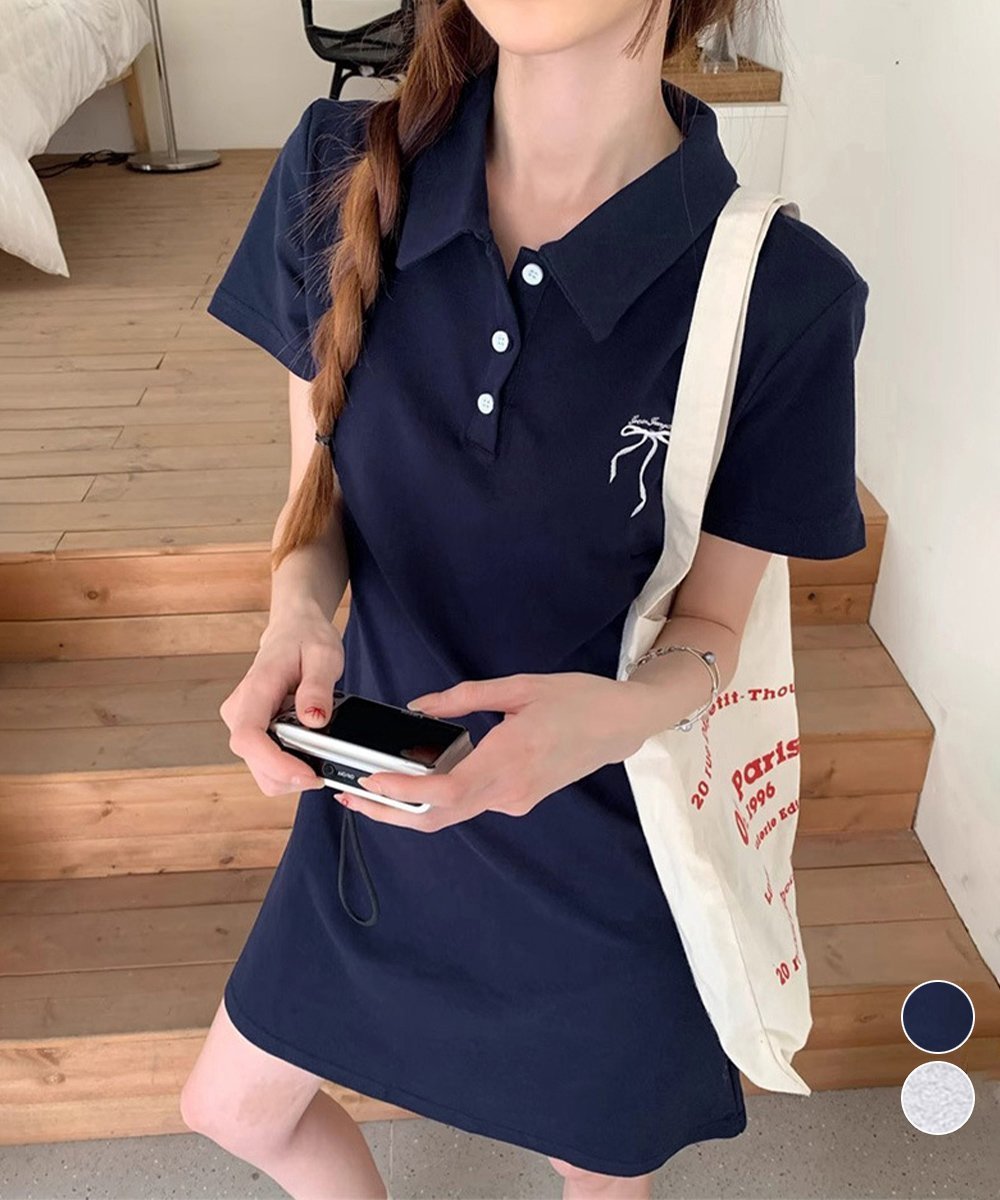 miniministore ポロカラーミニワンピース リボン刺しゅう ミニミニストア ワンピース・ドレス ワンピース グレー ネイビー