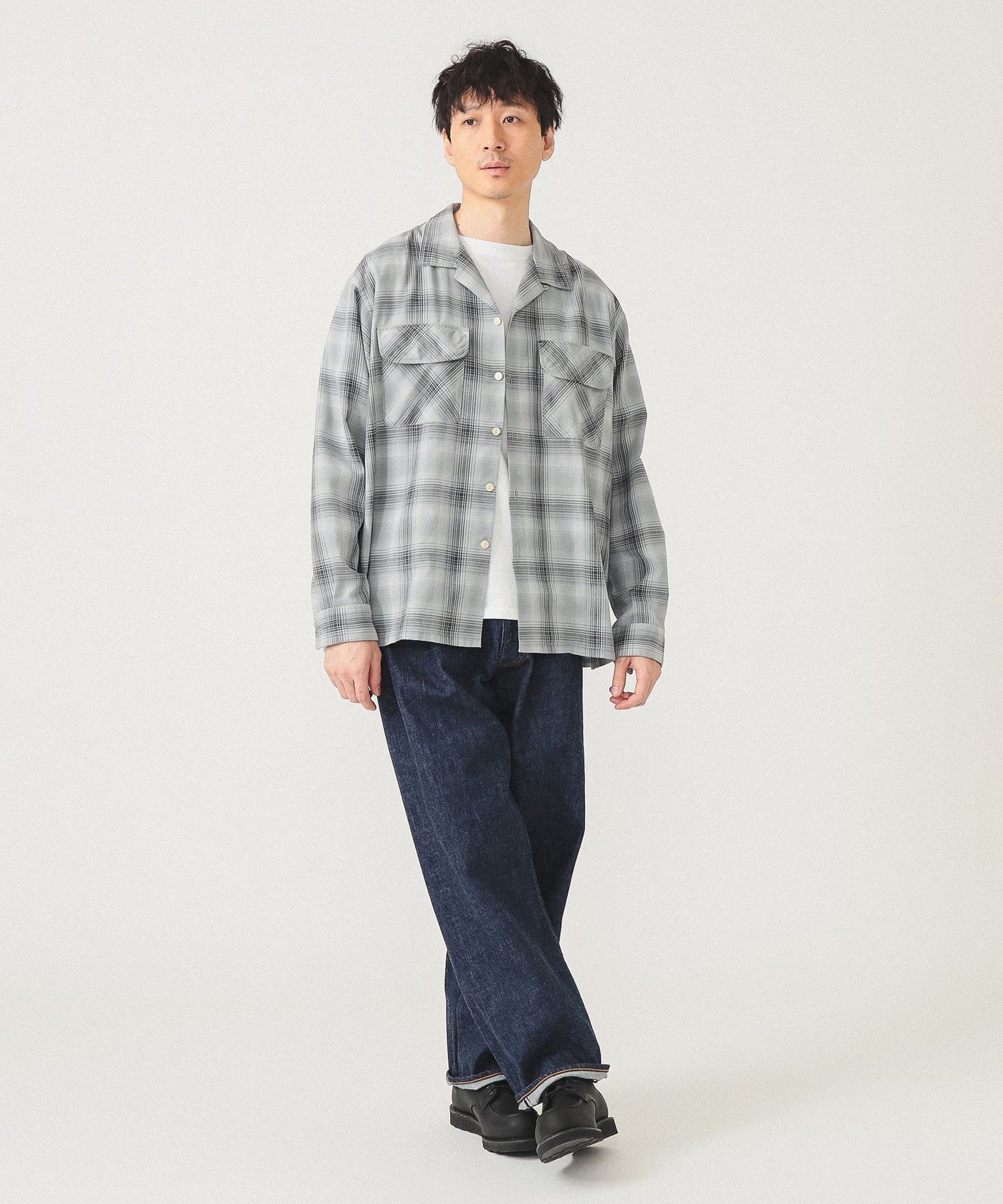 【SALE／50%OFF】BEAMS オンブレチェック オープンカラー シャツ ビームス メン トップス シャツ・ブラウス グレー ネイビー【送料無料】