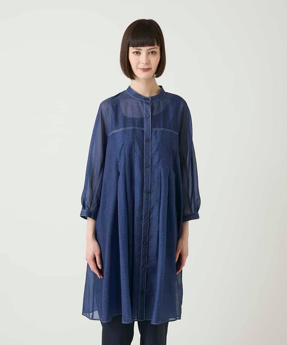 HIROKO BIS サテンデニムタックフレアーチュニック /洗える ヒロコ ビス ワンピース・ドレス チュニック ネイビー ブラック