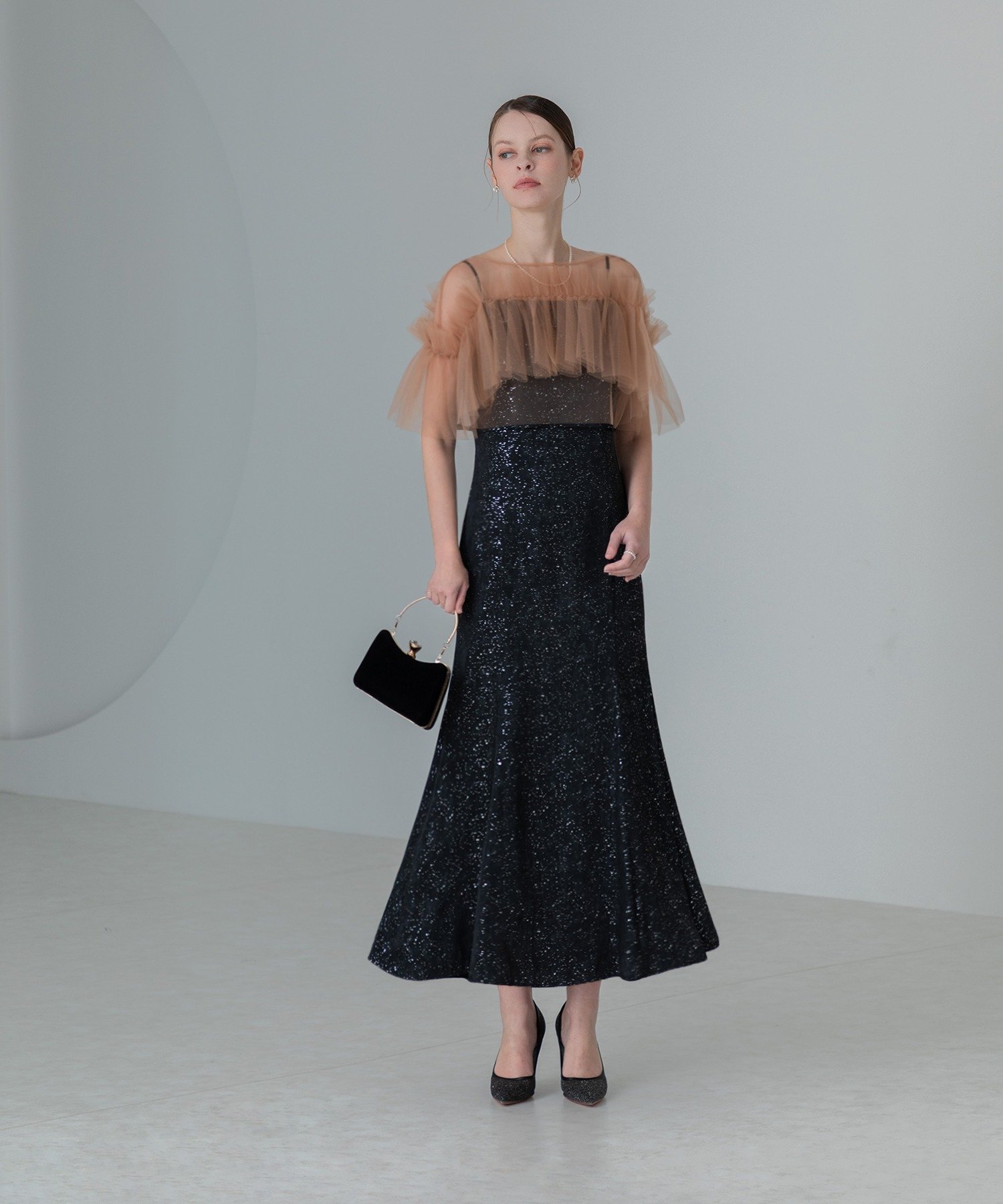 【SALE/10%OFF】Leja LEJA-チュールフリルボレロペイントマーメイドワンピースドレス 結婚式 レジャ ワンピース・ドレス ドレス ブラック グリーン グレー【送料無料】