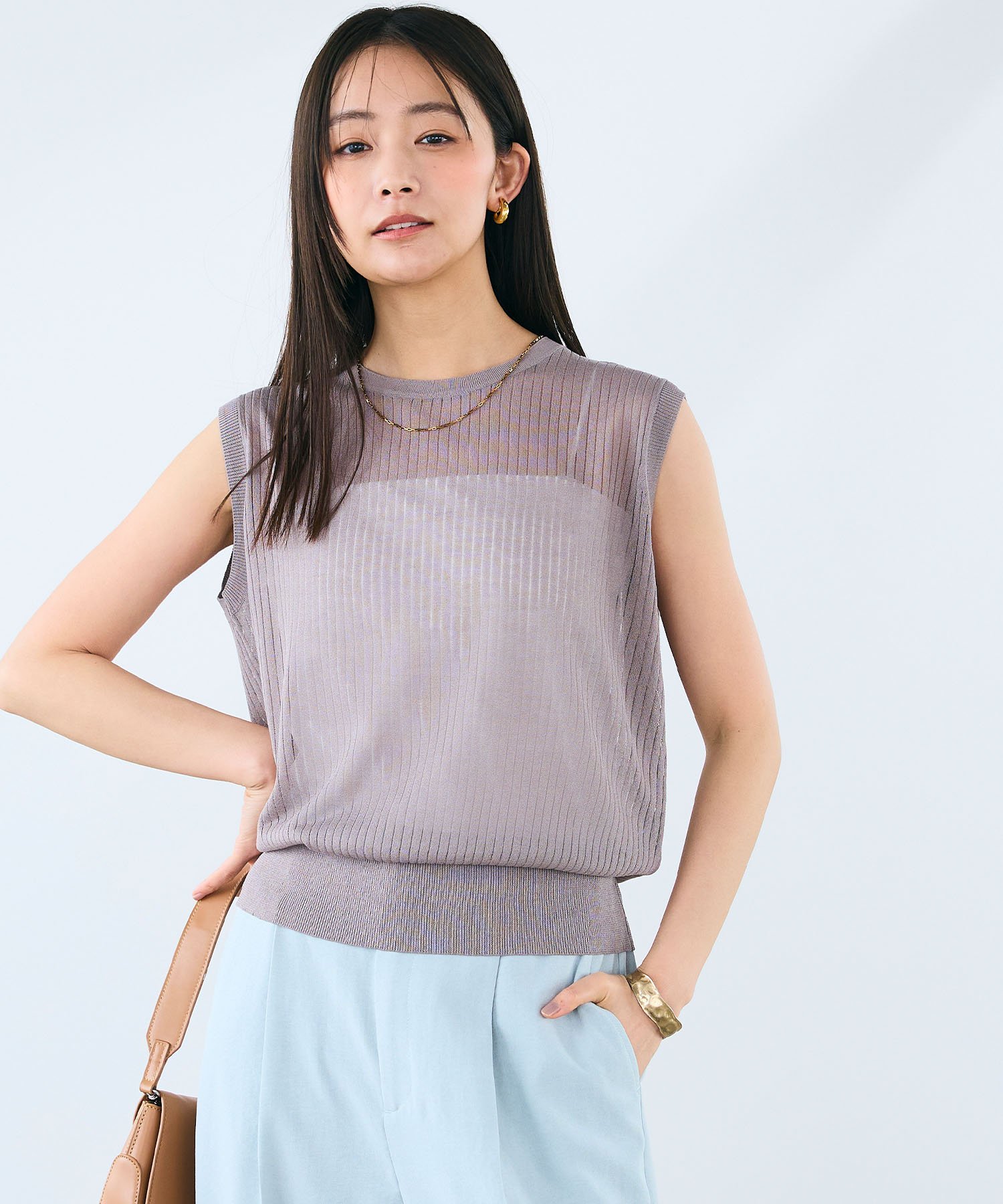 cross marche 《洗える》サマ美え シアーリブニットノースリーブトップス クロスマルシェ トップス ノースリーブ・タンクトップ ブラック ブラウン
