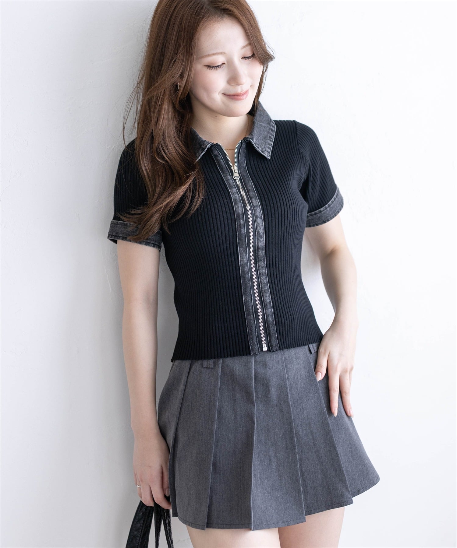 【SALE／15%OFF】clear 襟付デニム切替フロントジップニットトップス クリア トップス ニット グレー ネイビー ブラック