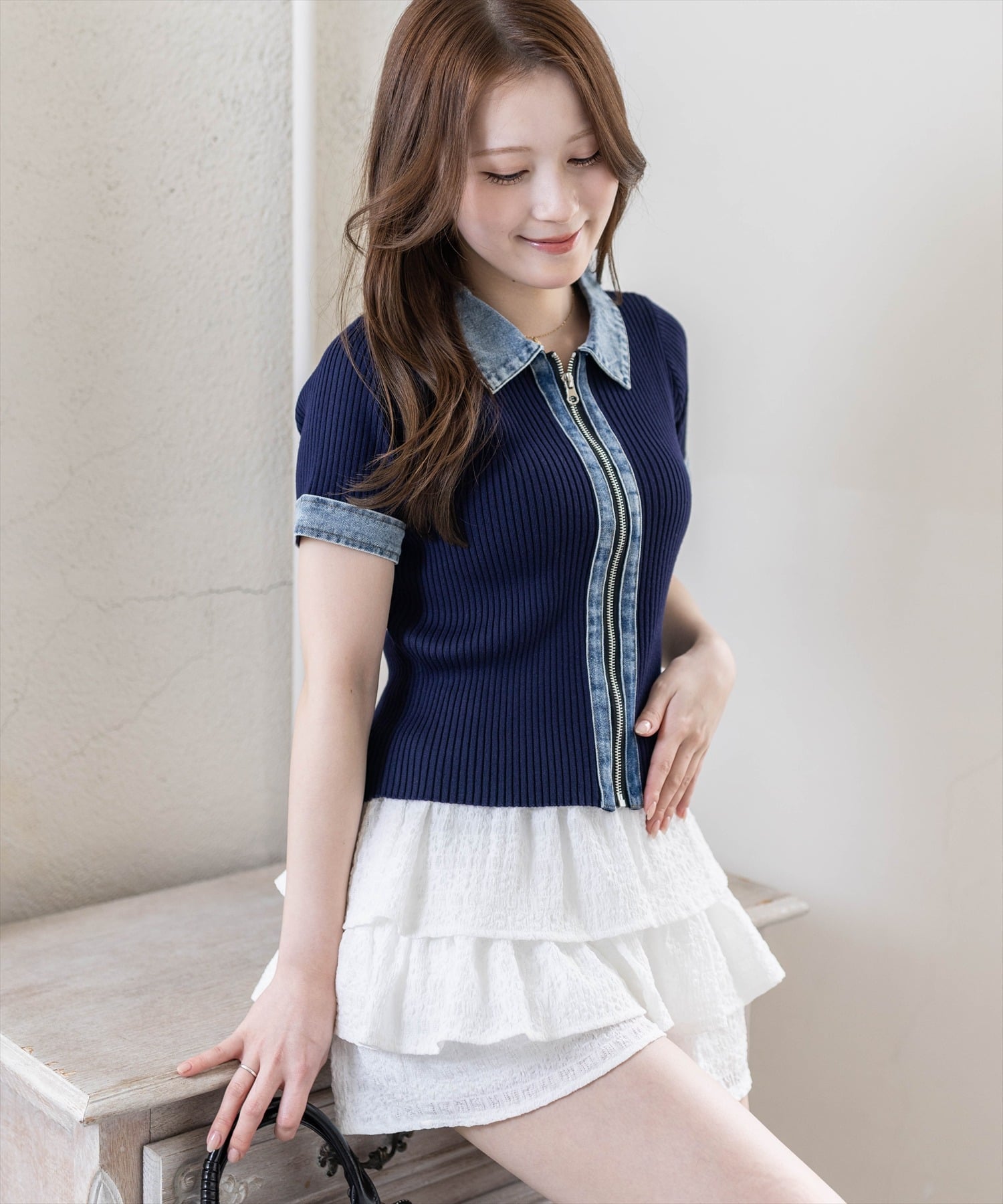 【SALE／15%OFF】clear 襟付デニム切替フロントジップニットトップス クリア トップス ニット グレー ネイビー ブラック