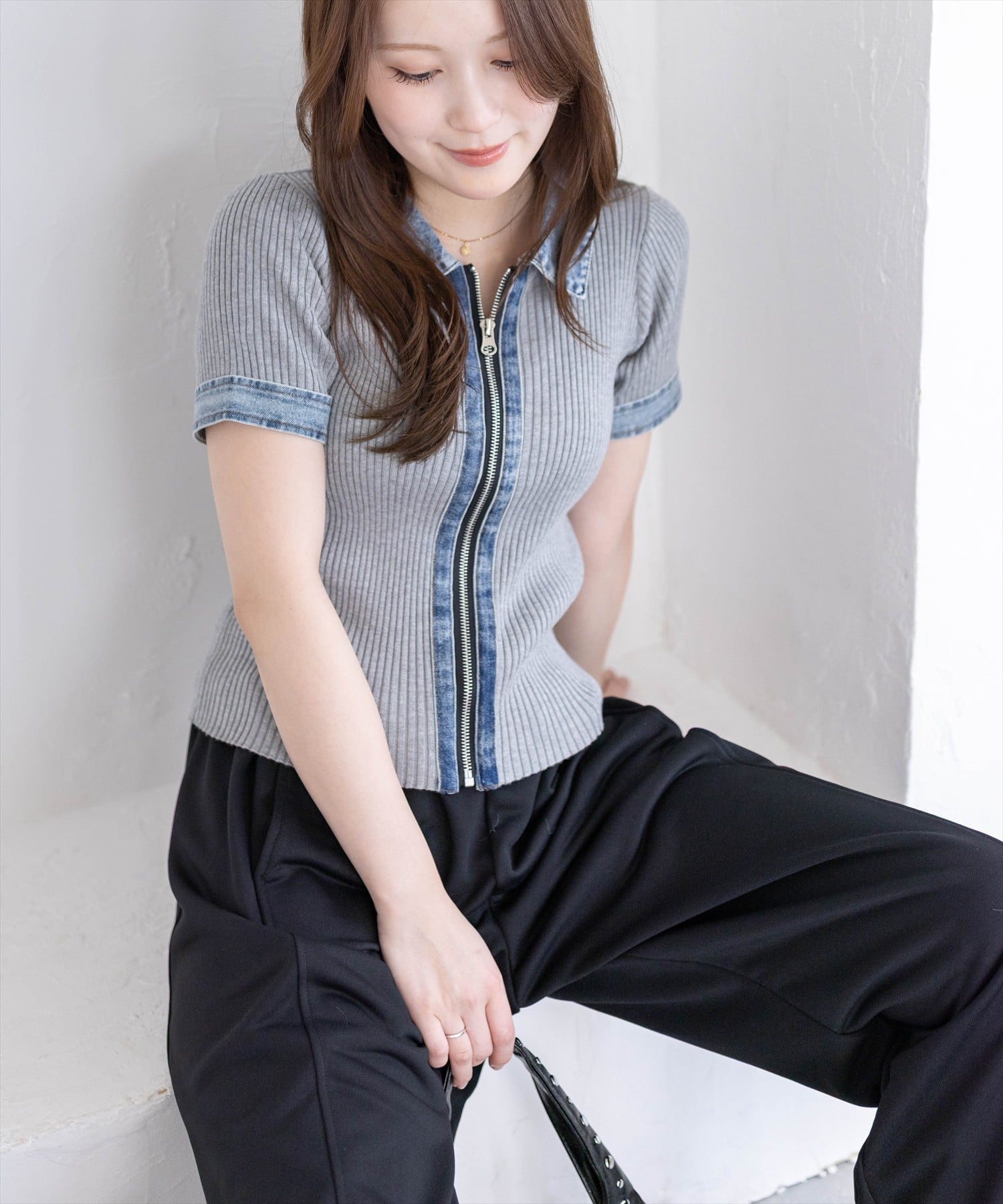 【SALE／15%OFF】clear 襟付デニム切替フロントジップニットトップス クリア トップス ニット グレー ネイビー ブラック