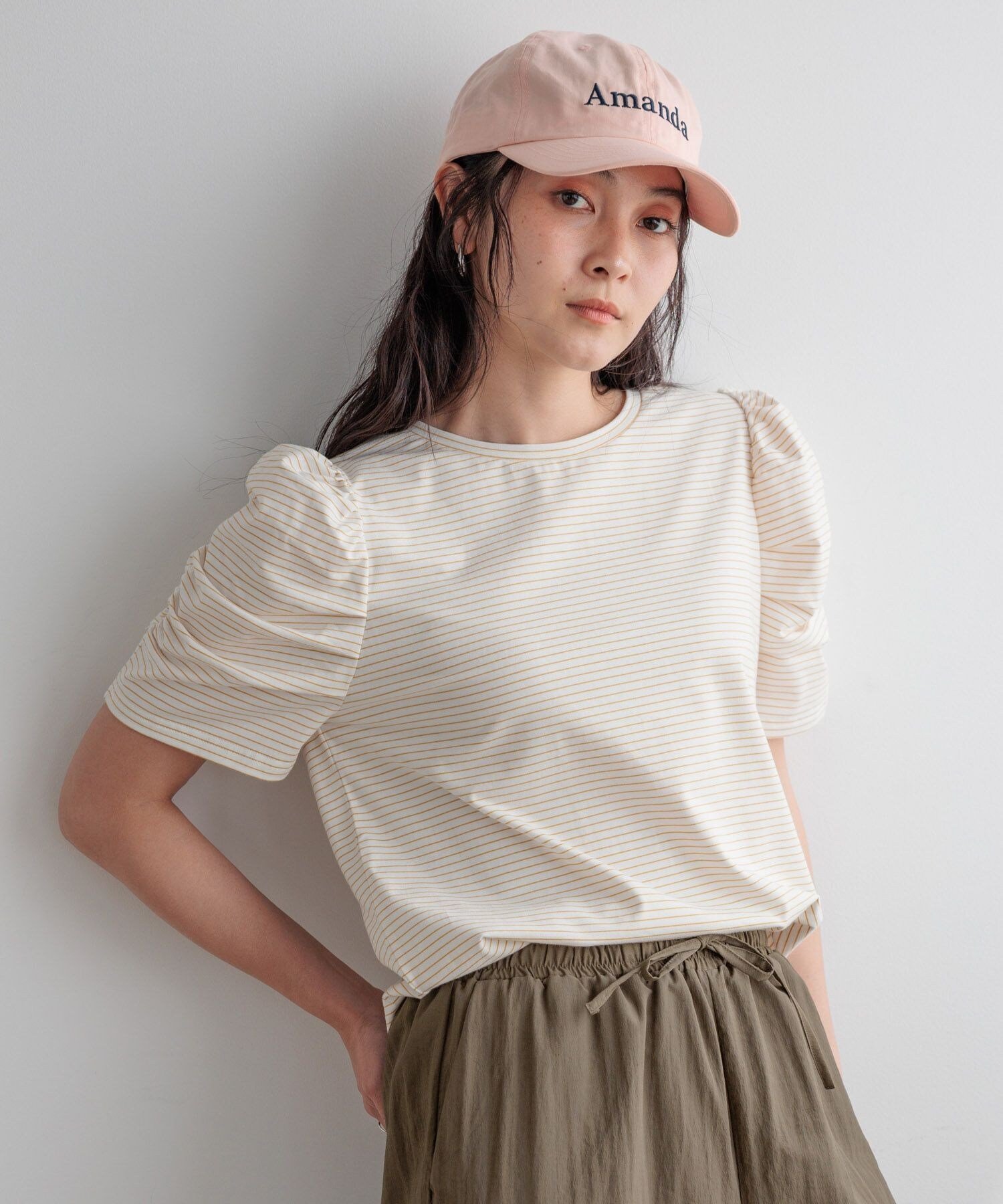 【daily CLIP】ボーダーパフスリーブTシャツ スタディオクリップ トップス カットソー・Tシャツ グレー ホワイト レッド ブラック ネイビー ブルー