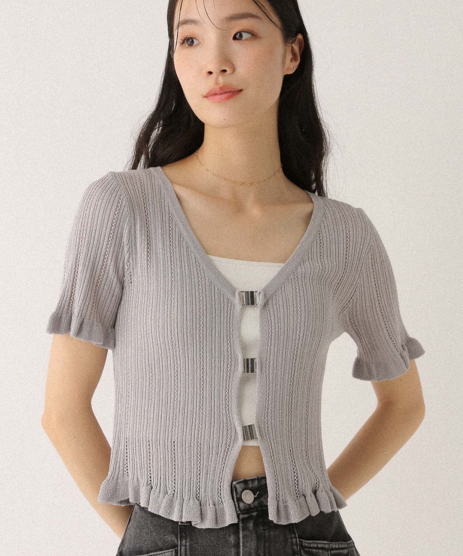 Heather フロントホックラメニット(半袖) ヘザー トップス ニット ベージュ ピンク グレー