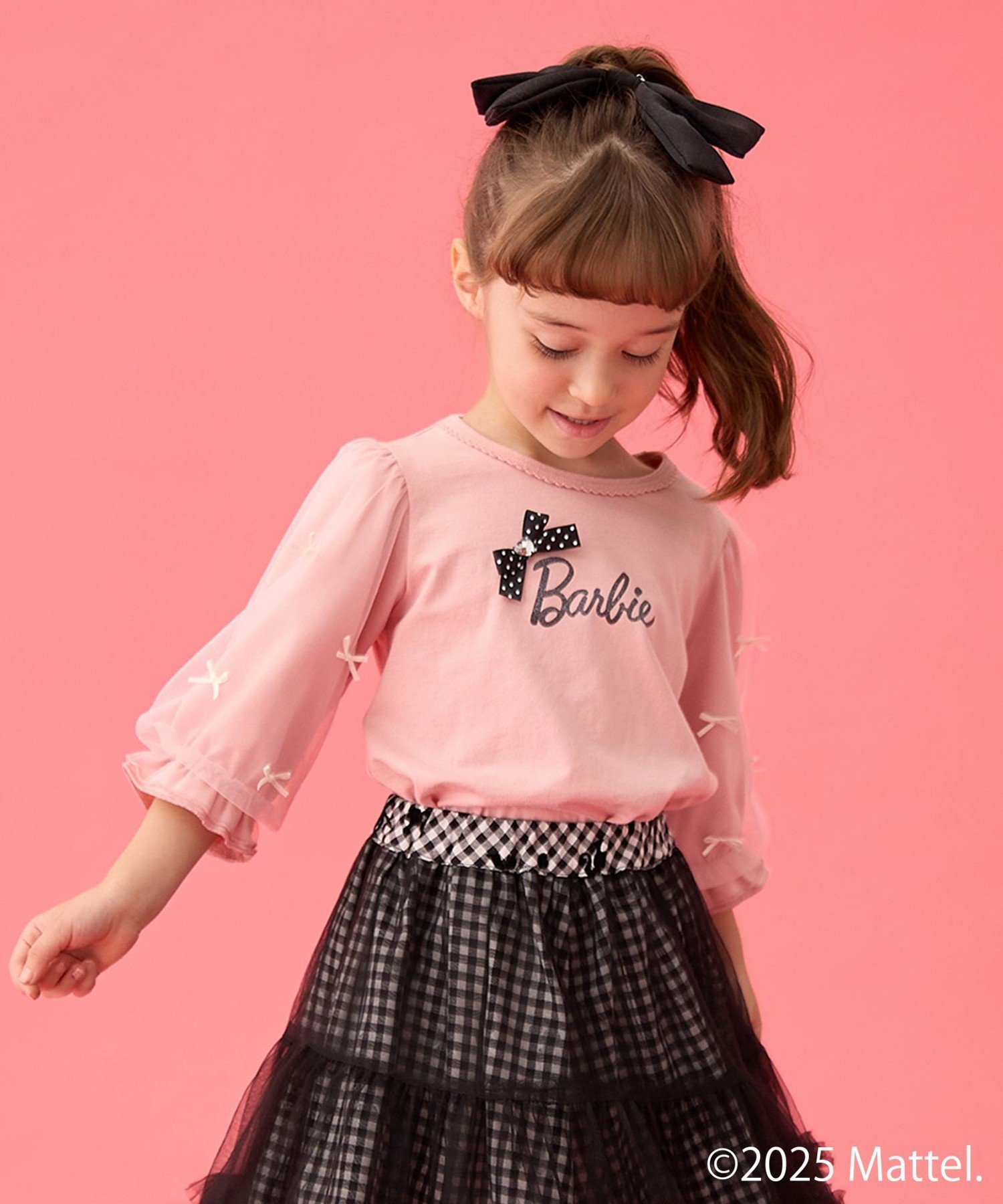 ANY KIDS 【Barbie(TM)】リボン 七分袖Tシャツ エニィ トップス カットソー・Tシャツ ブラック ピンクのサムネイル