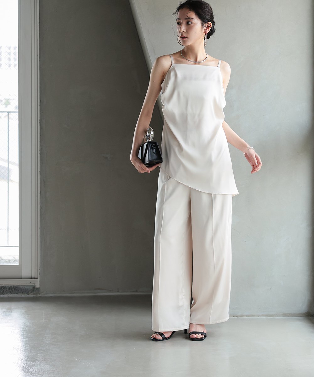 Callarus サテンキャミパンツセットアップ(アシメデザインキャミソール+パンツ) カラルス パンツ その他のパンツ ホワイト