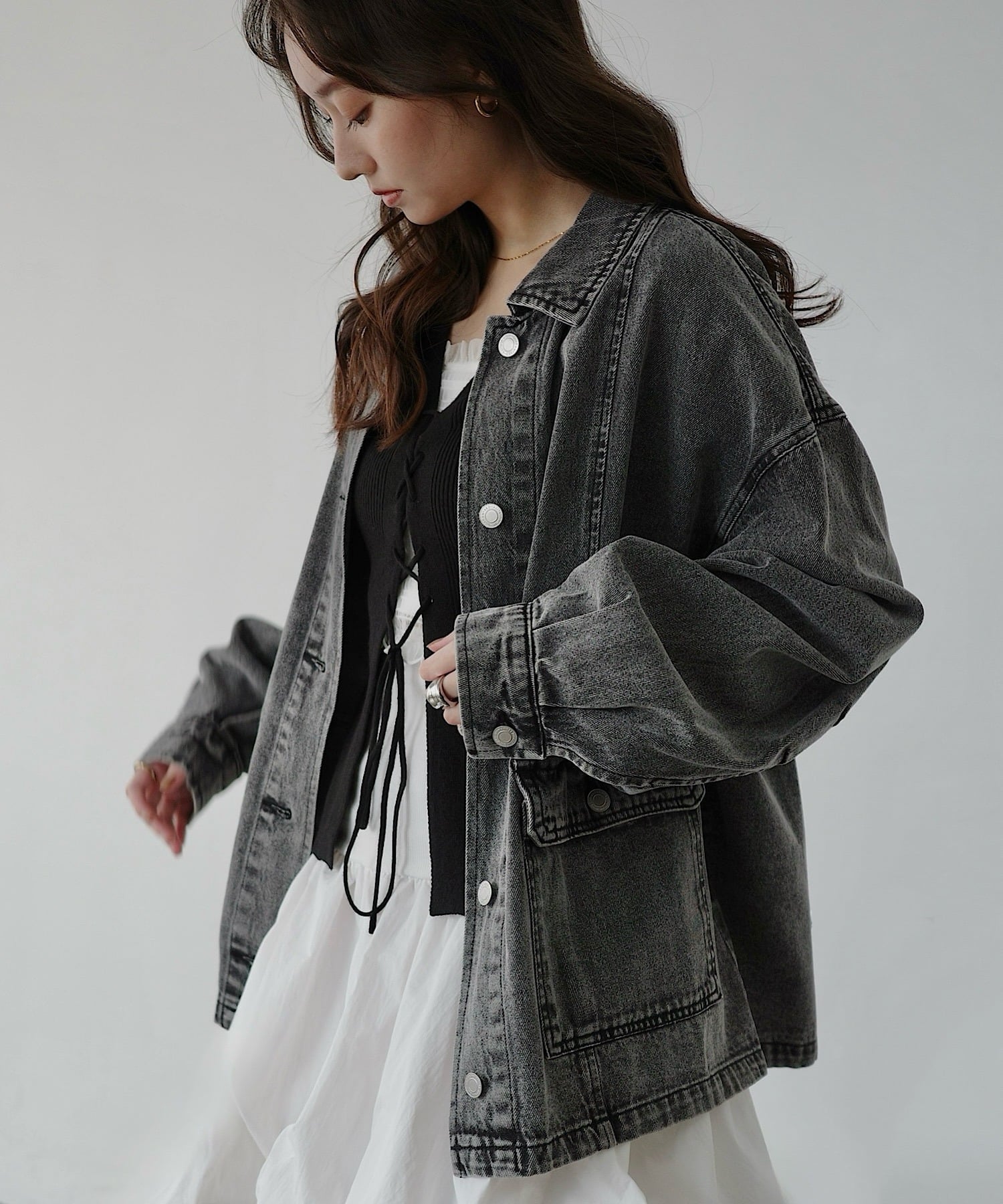 Freesia オーバーサイズ ミドル丈 デニム ジャケット Freesia フリージア アンドミー ジャケット・アウター その他のジャケット・アウター ブルー ブラック【送料無料】