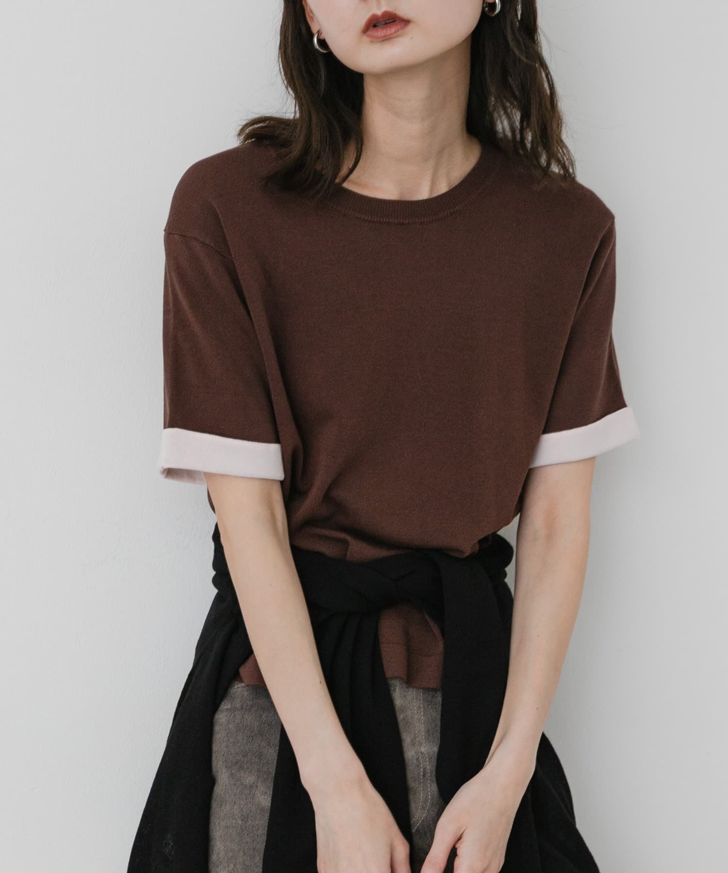 SENSE OF PLACE 『洗濯可』バイカラーロールスリーブニットTシャツ センス オブ プレイス トップス ニット ブラック ブラウン グレー