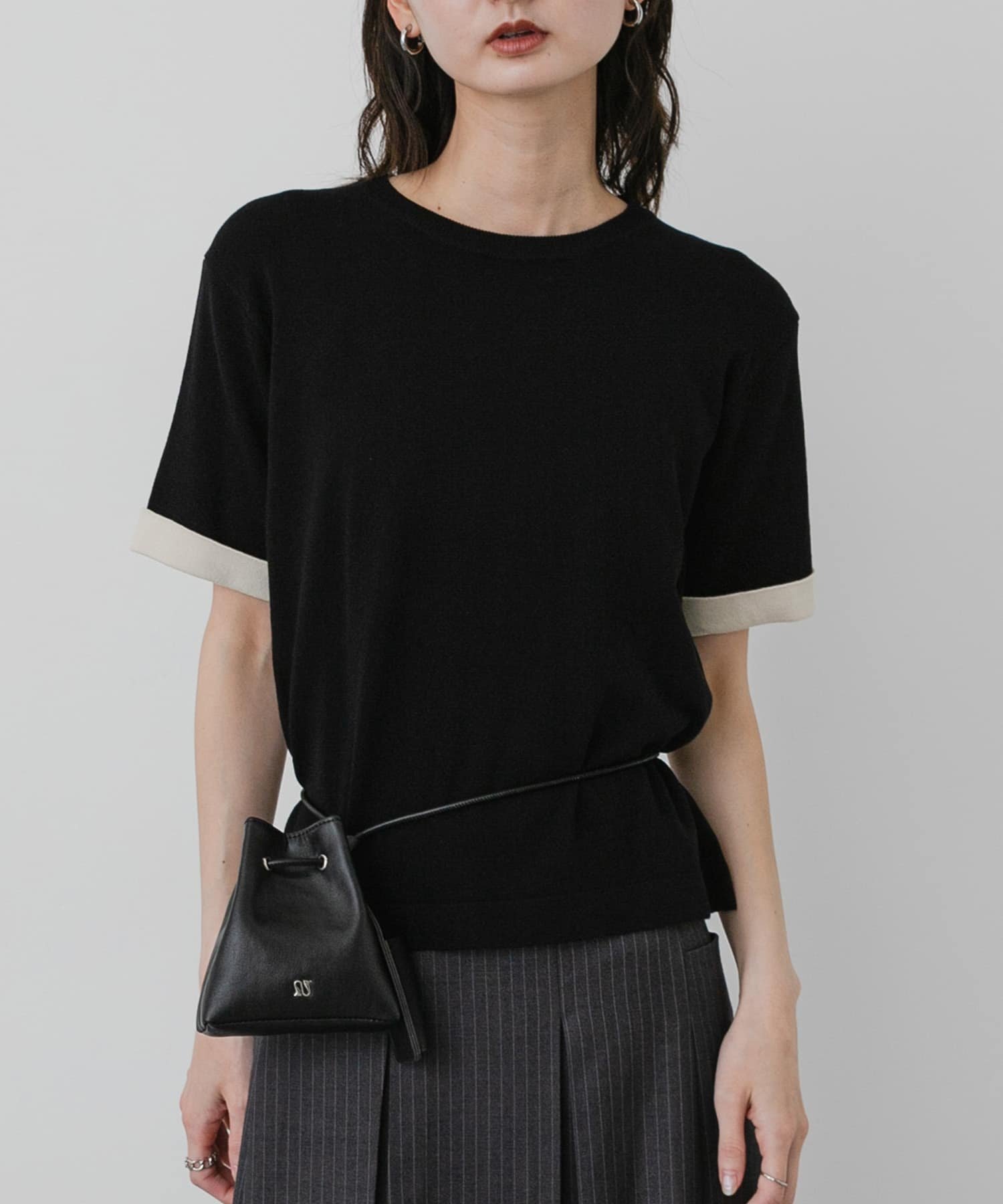 SENSE OF PLACE 『洗濯可』バイカラーロールスリーブニットTシャツ センス オブ プレイス トップス ニット ブラック ブラウン グレー