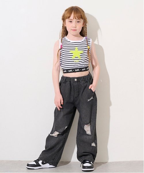 【SALE／30%OFF】X-girl Stages 【TBSドラマ フェイクマミー 着用アイテム】ダメージ加工デニムパンツ ナルミヤオンライン パンツ ジーンズ・デニムパンツ ブルー【送料無料】のサムネイル